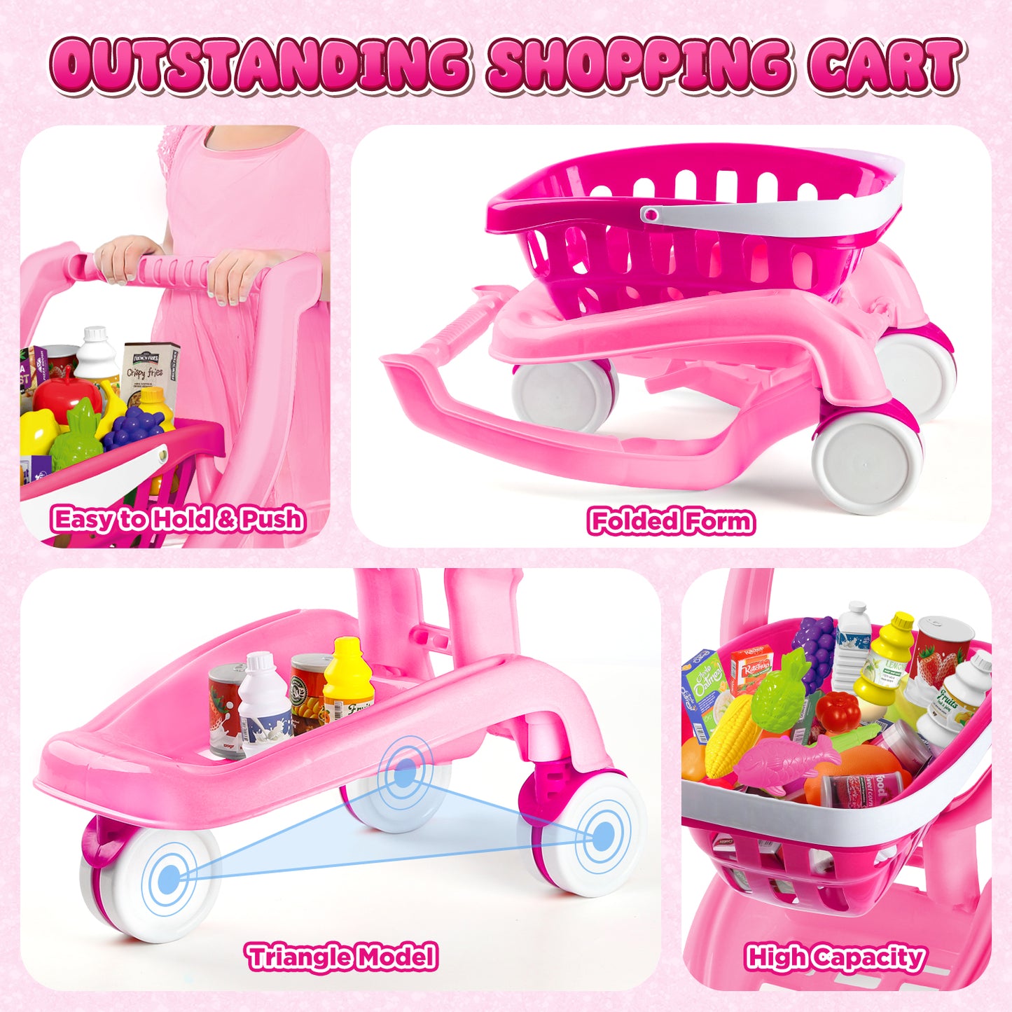 UUSUOO Kids Shopping Cart,36Pcs Toddler Shopping Cart with Play Food Fruit Vegetable and Shop Accessories,Pretend Play Grocery Store Toys for Boys Girls 3-6 ,Pink