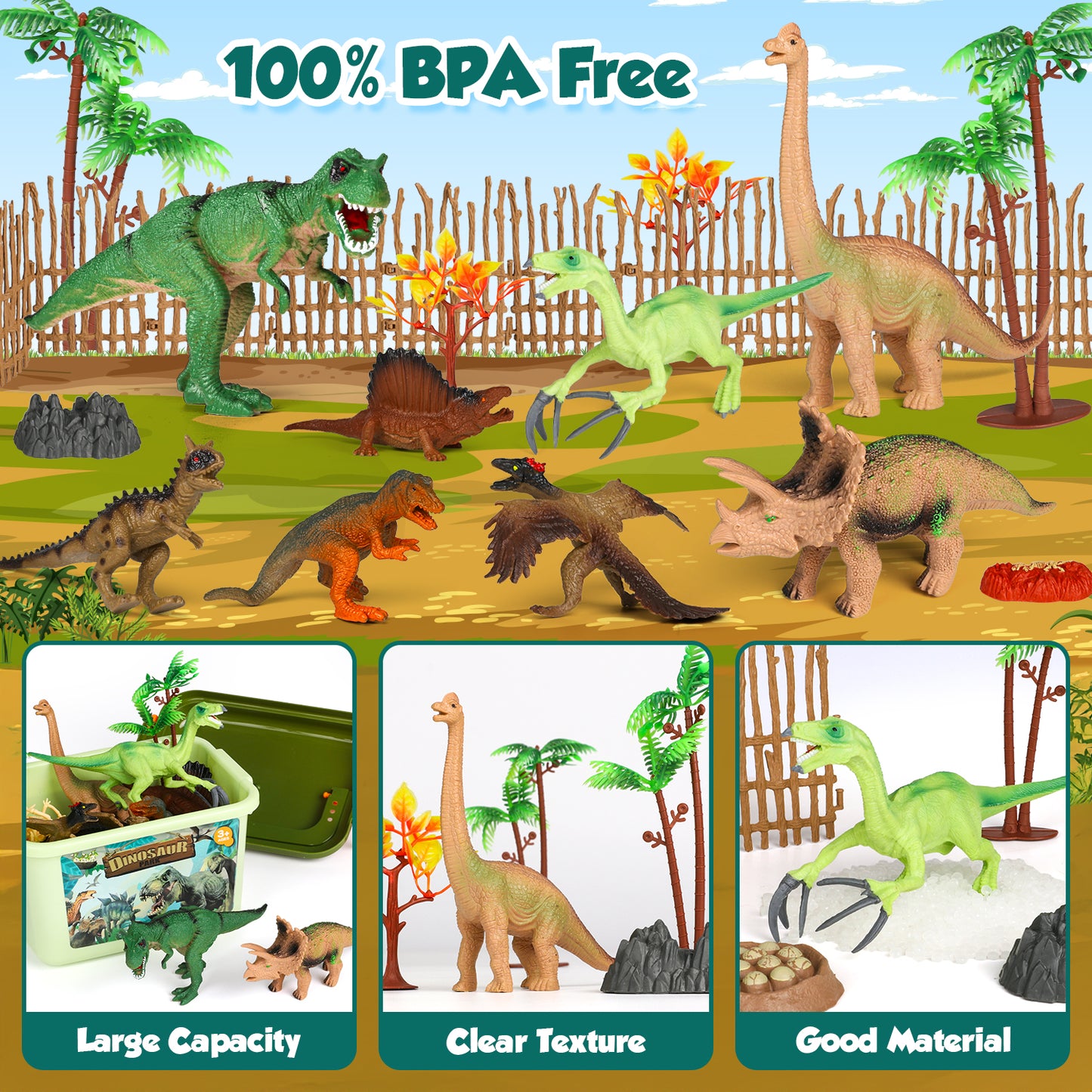 UUSUOO Dinosaur Figures Toys Set for Kids,Dinosaur Play Sets with Storage Box, Dinosaur fossils,Dinosaur eggs,Trees,Dinosaur Toys for Boys 3-6 Years,Christmas Birthday Gifts for Kids Aged 3-12