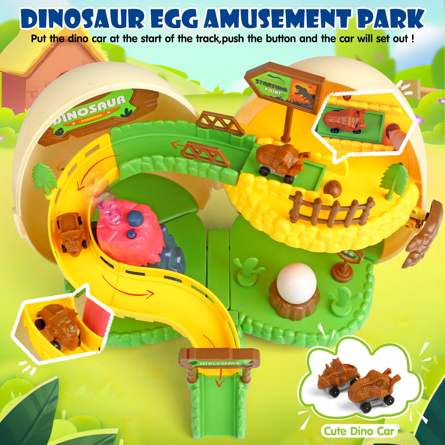 UUSUOO Dinosaur Toys for Boys 3-6 Years,Dinosaur Egg Amusement Park with Dinosaur Figure Toys & Dinosaur Cars,Volcano,Easter Dinosaur Eggs,Interactive Set of Dino Toys, Christmas Gifts for Kids