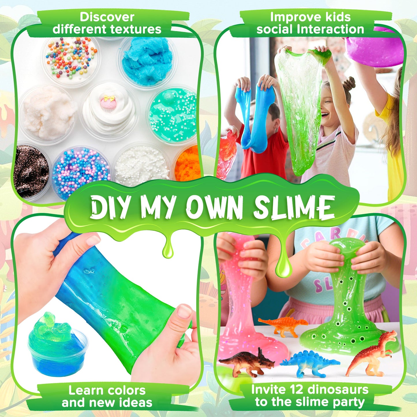 UUSUOO Dinosaur Slime Kit,Slime Making Kit for Kids,DIY Slime Kit Toys with 12 Dinosaur Toys & Awesome Add-Ins,Stress Relief Toys,Christmas Birthday Gifts for Boys Girls 6 7 8 9 10+
