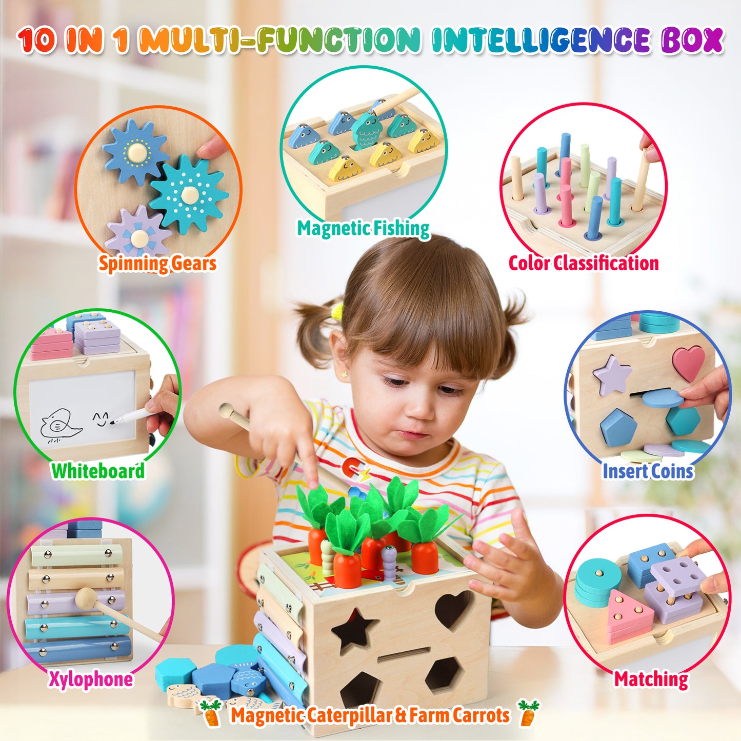 UUSUOO Wooden Montessori Baby Toys,10-in-1 Wooden Activity Cube with Fishing, Xylophone,Shape Sorting & Stacking,Learning Educational Baby Busy Toys Gift for 1 2 3 Year Old Boys & Girls
