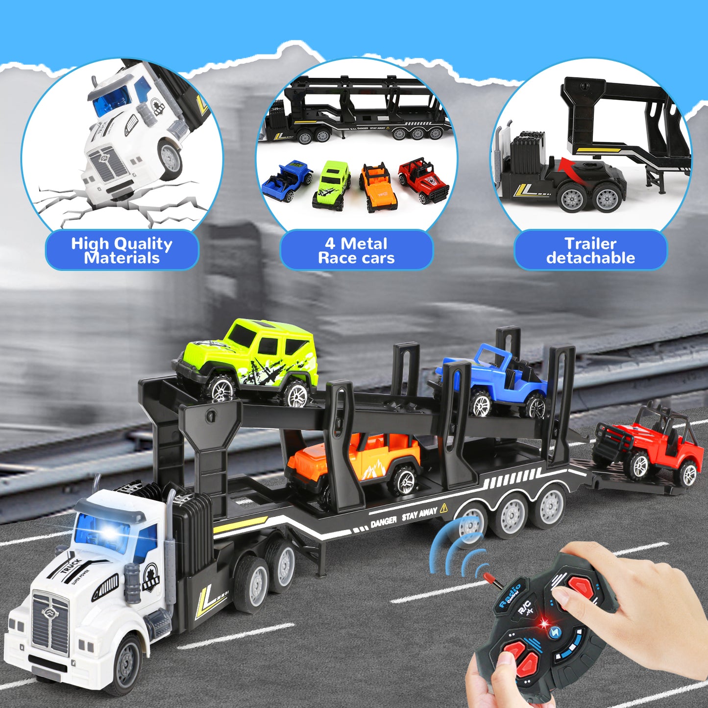 UUSUOO Truck Toys for Boys 3-6 Years,14" 1:48 Toddler Trucks Semi Truck Trailer Toys with 4 Cars,Transport Car Carrier Truck Toys with Lights & Sounds,Cars Toys Gift for Age 3 4 5 6+ Years Old Kids