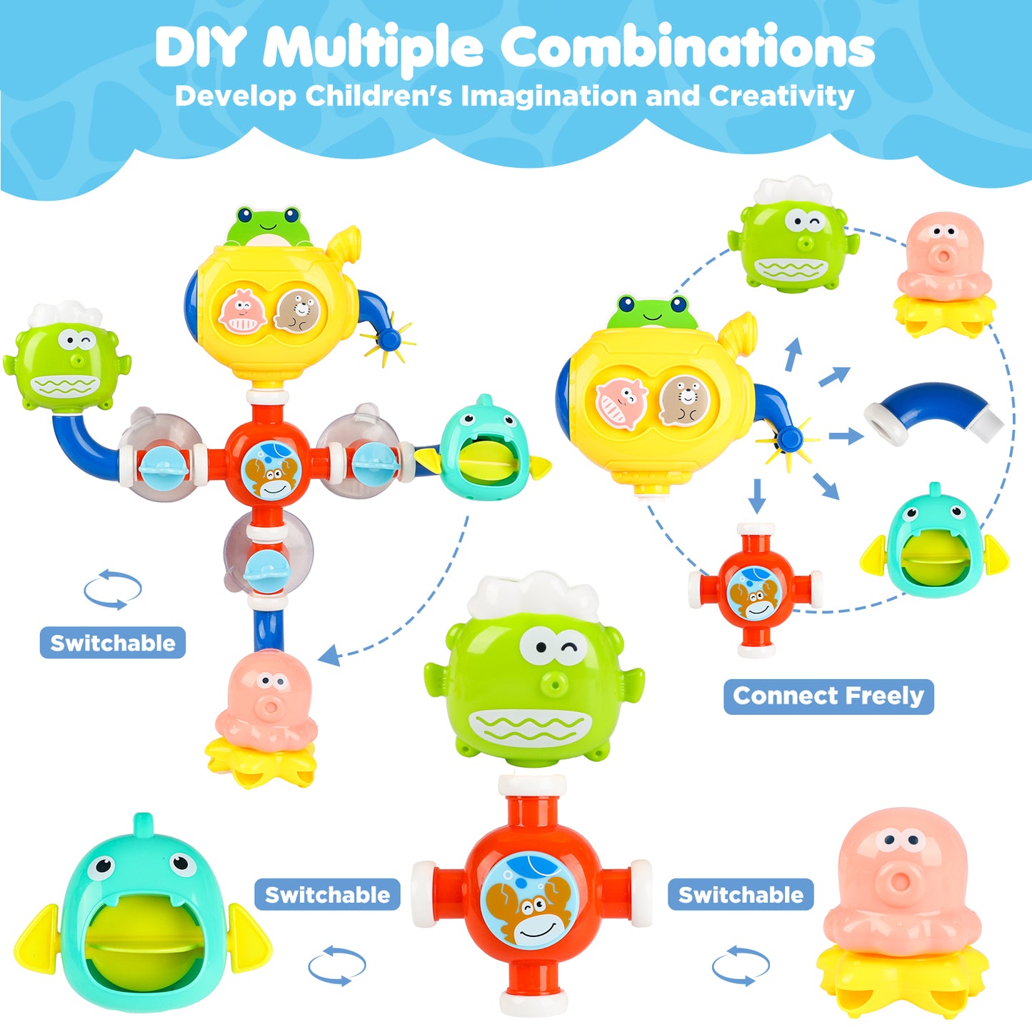 UUSUOO Toddler Bath Toys Age 2-4,Baby Bathtub Toys,Shower Wall Toys with Pipes and Valves,Baby Toys 6-12 Months,Kids Bath Pipes Toys for Kids,Christmas Birthday Gifts for 3 4 5 6+ Year Old Boys Girls