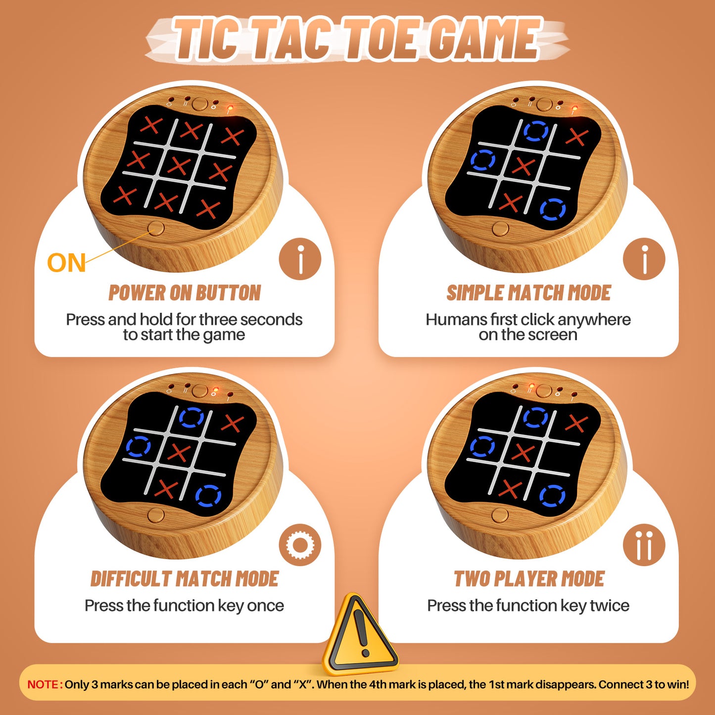 UUSUOO Tic Tac Toe Game,3-in-1 Electronic Handheld Games Console for Kids Memory Growth,Portable Puzzle Travel Games,Board Games for Kids 5-7,Christmas Birthday Gifts for Kids 3 4 5 6+,Wooden