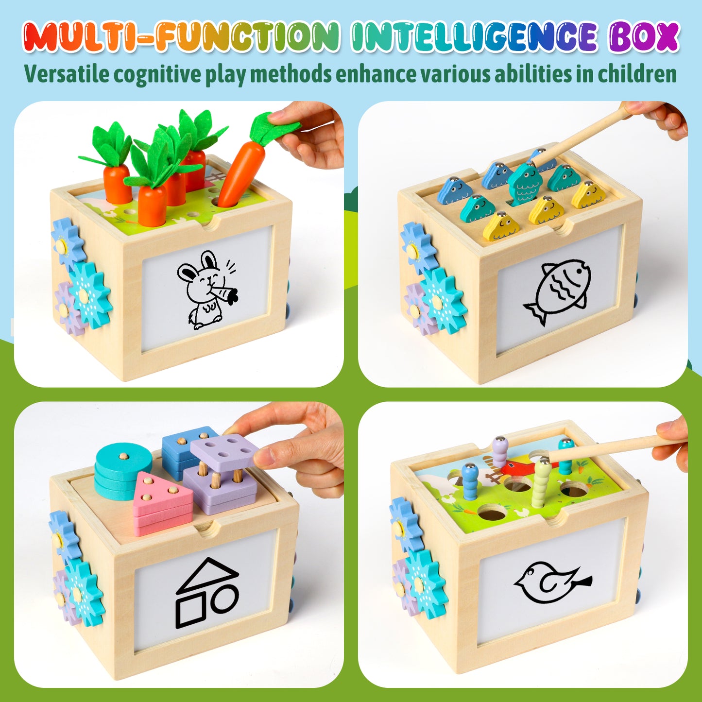 UUSUOO Wooden Montessori Baby Toys,10-in-1 Wooden Activity Cube with Fishing, Xylophone,Shape Sorting & Stacking,Learning Educational Baby Busy Toys Gift for 1 2 3 Year Old Boys & Girls