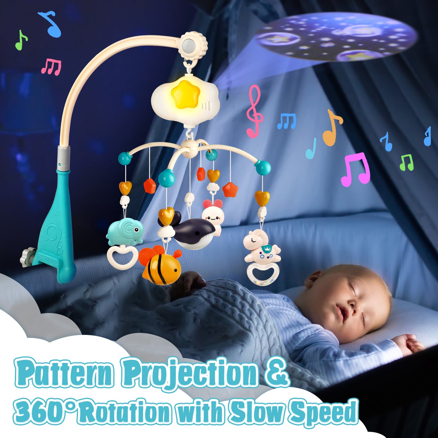 UUSUOO Baby Mobile for Crib,Baby Crib Mobile with Music and Night Lights,Mobiles for Crib with Rotation,Projection,Hanging Rotating Animals Rattles,Baby Toys 6-12 Months,Baby Crib Toys for Boys Girls