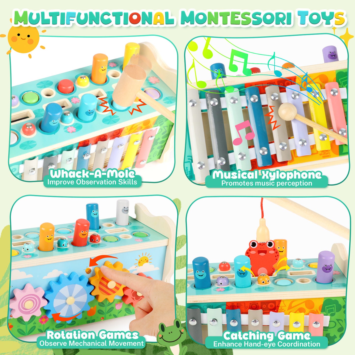 UUSUOO 6 in 1 Montessori Toys for 1 Year Old,Whack A Mole Hammering Pounding Toys with Pounding Bench,Xylophone,Frog,Wooden Baby Toys,Early Development Toys Christmas Birthday Gifts for Toddlers 1-3