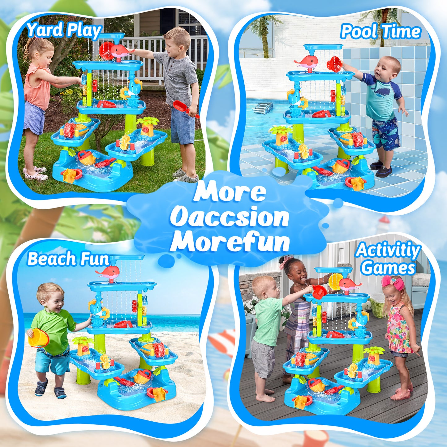 UUSUOO Water Table for Toddlers 1-3,5-Tier Kids Water Table,Rain Showers Splash Pond for Outdoor Beach Backyard Summer,Activity Sensory Sand and Water Table for Toddlers 1-3 3-5 Gift