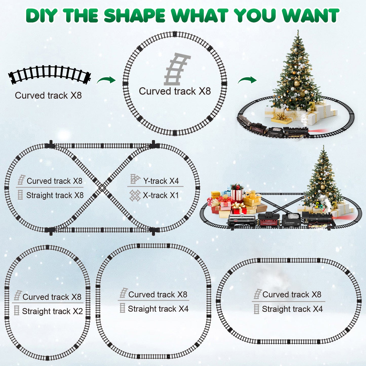 UUSUOO Train Set for Boys,Remote Control Christmas Train Sets w/Steam Locomotive,Light Passenger Cars & Tracks,Trains Toys w/Smoke,Whistle & Lights,Christmas Toys Gifts for Kids 3 +