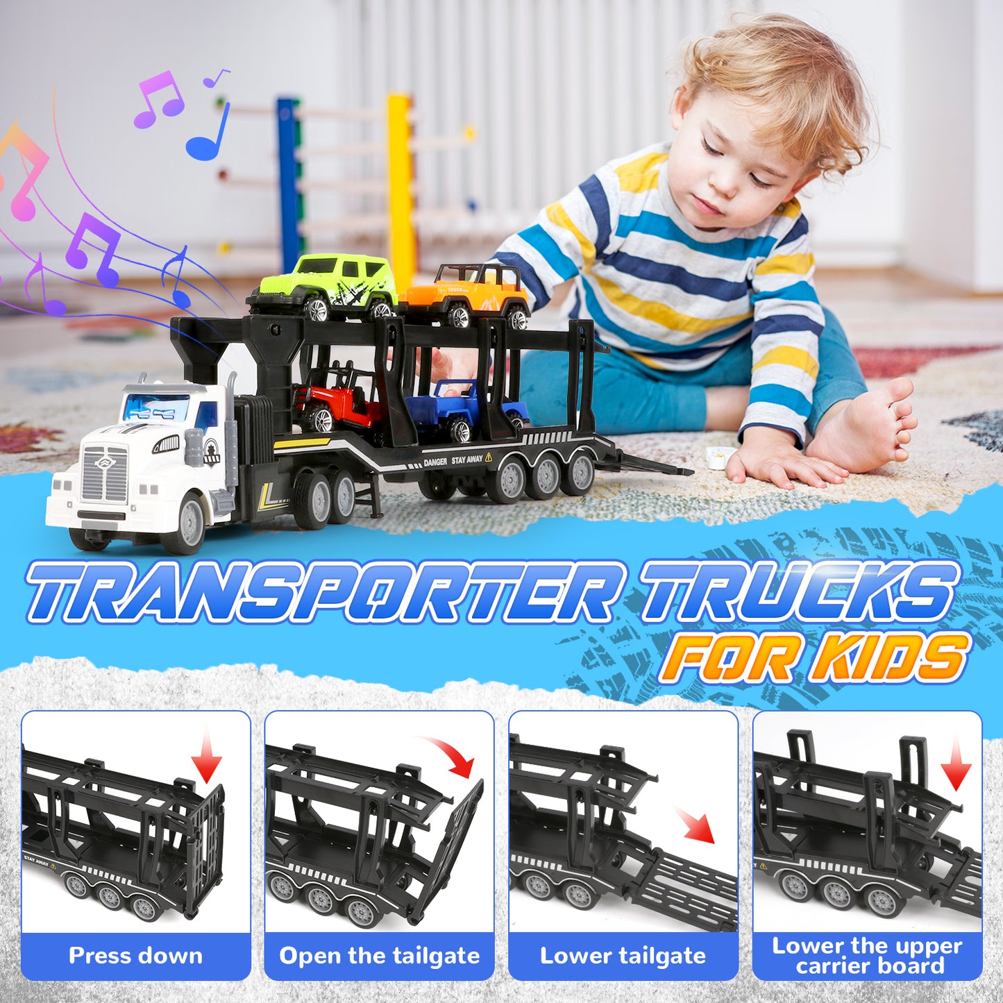 UUSUOO Truck Toys for Boys 3-6 Years,14" 1:48 Toddler Trucks Semi Truck Trailer Toys with 4 Cars,Transport Car Carrier Truck Toys with Lights & Sounds,Cars Toys Gift for Age 3 4 5 6+ Years Old Kids