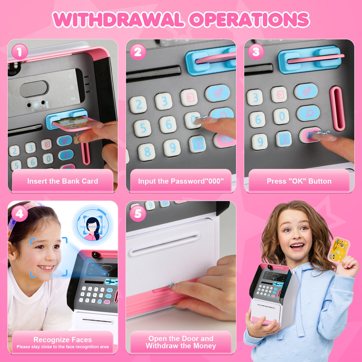 UUSUOO Electronic Piggy Bank for Kids,Mini ATM Bank for Kids with Password + Face Recognition,Auto Roll-in Cash Safe & Coin Saving Bank for Girls,Kids Piggy Bank Christmas Birthday Gifts for Kids 3+