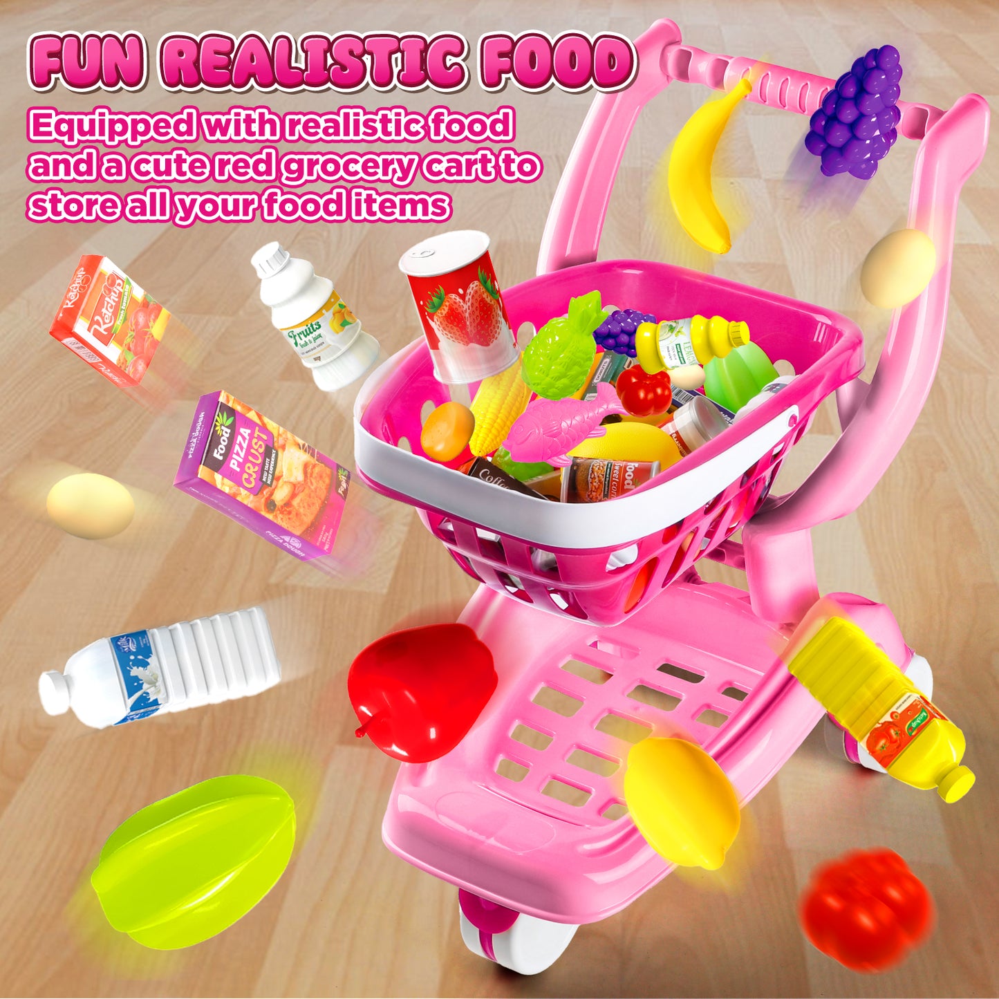 UUSUOO Kids Shopping Cart,36Pcs Toddler Shopping Cart with Play Food Fruit Vegetable and Shop Accessories,Pretend Play Grocery Store Toys for Boys Girls 3-6 ,Pink