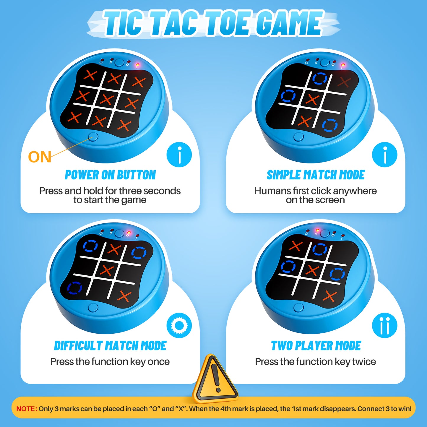 UUSUOO Tic Tac Toe Bolt Game,3-in-1 Electronic Handheld Games Console for Kids Memory Growth,Portable Puzzle Travel Games,Board Games for Kids 5-7, Christmas Birthday Gifts for Kids 3 4 5 6 +,Blue