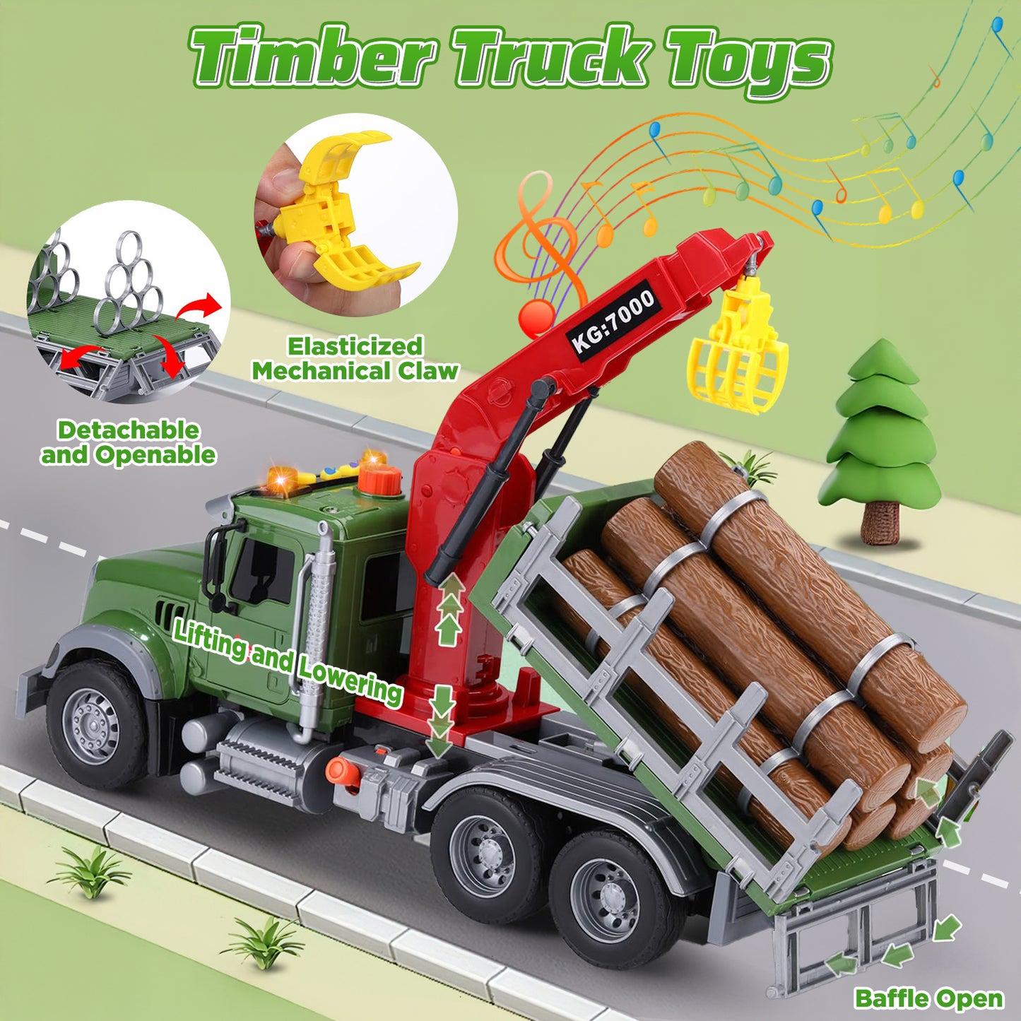 UUSUOO Toddler Trucks for Boys 3-6 Years,15" Large Boys Timber Truck with Loading Crane and 6 Trunks, Kids Truck Toys with Lights & Sounds,Christmas Birthday Gifts for 3 4 5 6 7 Boys Girls,Green