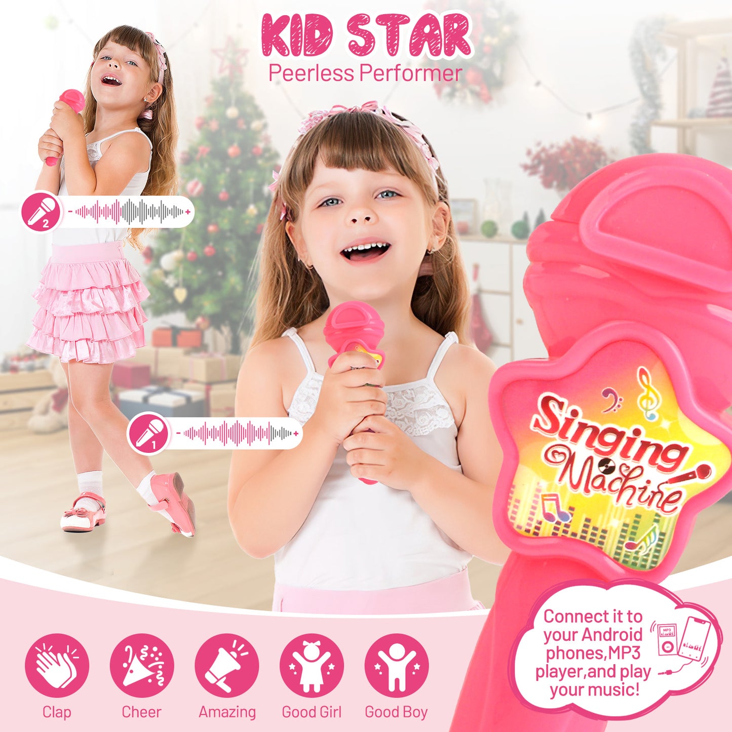 UUSUOO Karaoke Microphone For Kids Girls,Kids Music Player With Microphone, Kids Microphone Girls Toys,Singing Machine Karaoke Toys,Christmas Birthday Gifts for 3 4 5 6 7 8 Years Old Girls Boys,Pink