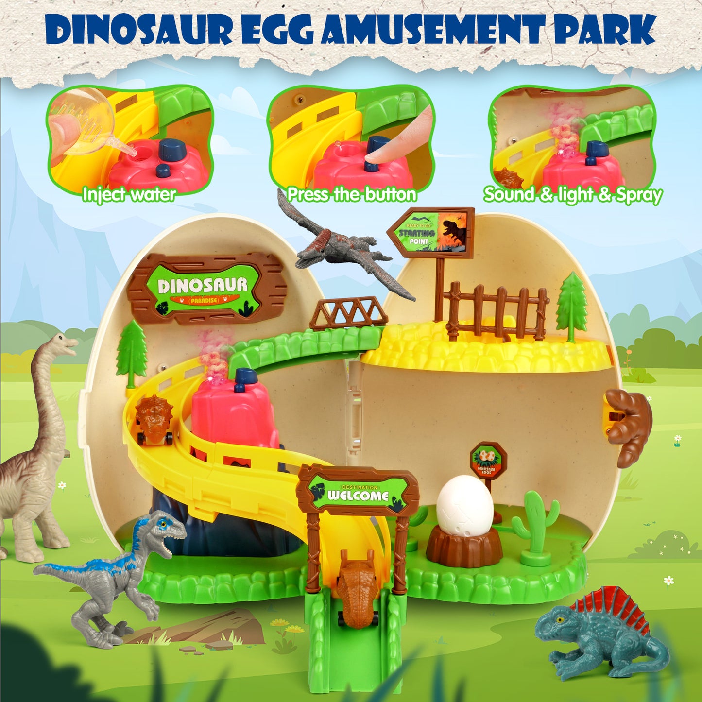 UUSUOO Dinosaur Toys for Boys 3-6 Years,Dinosaur Egg Amusement Park with Dinosaur Figure Toys & Dinosaur Cars,Volcano,Easter Dinosaur Eggs,Interactive Set of Dino Toys, Christmas Gifts for Kids