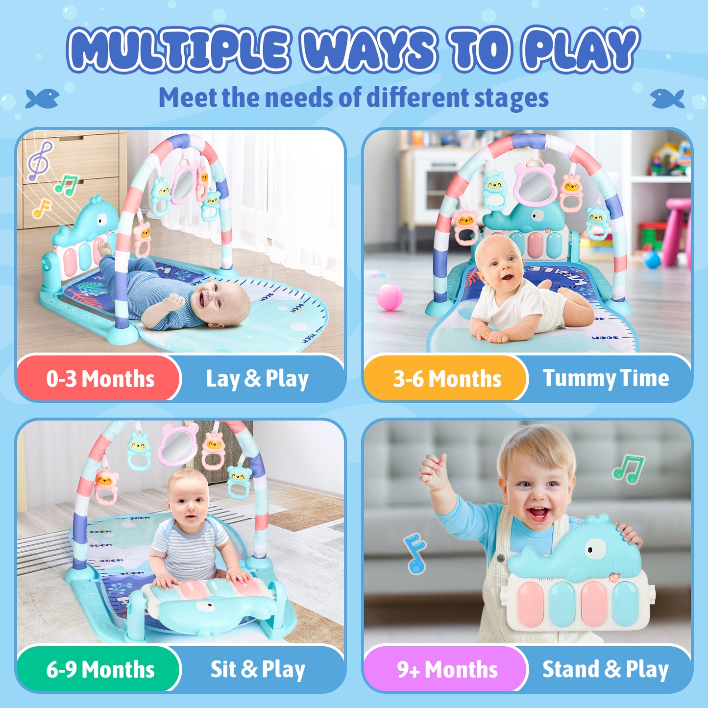 UUSUOO Baby Play Mat Baby Gym,Kick and Play Piano Gym,Tummy Time Activity Mat with 5 Infant Sensory Baby Toys,Infant Toys Piano Baby Play Mat Music & Light Newborn Infant Gifts for 0-3 6 9 12 Months