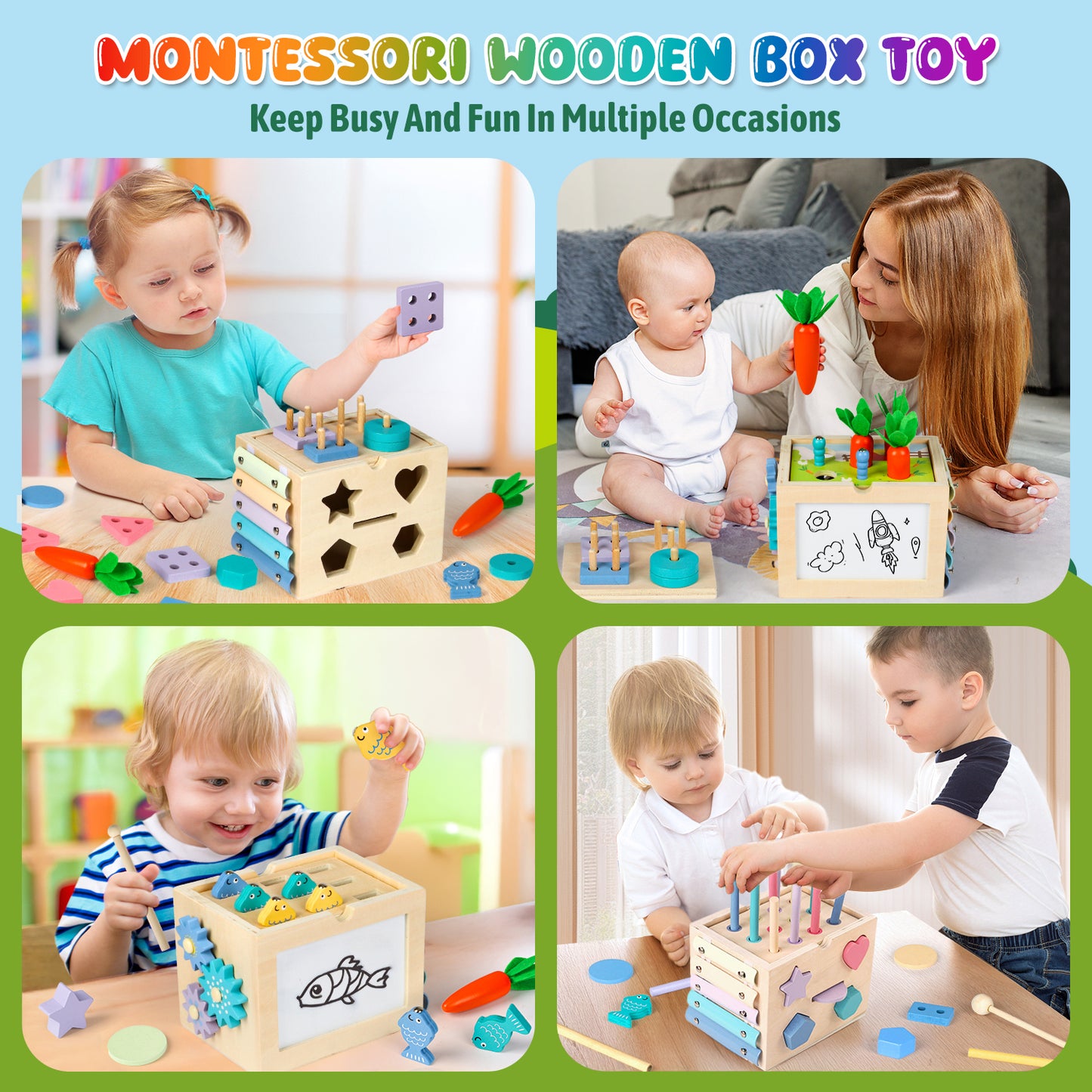 UUSUOO Wooden Montessori Baby Toys,10-in-1 Wooden Activity Cube with Fishing, Xylophone,Shape Sorting & Stacking,Learning Educational Baby Busy Toys Gift for 1 2 3 Year Old Boys & Girls