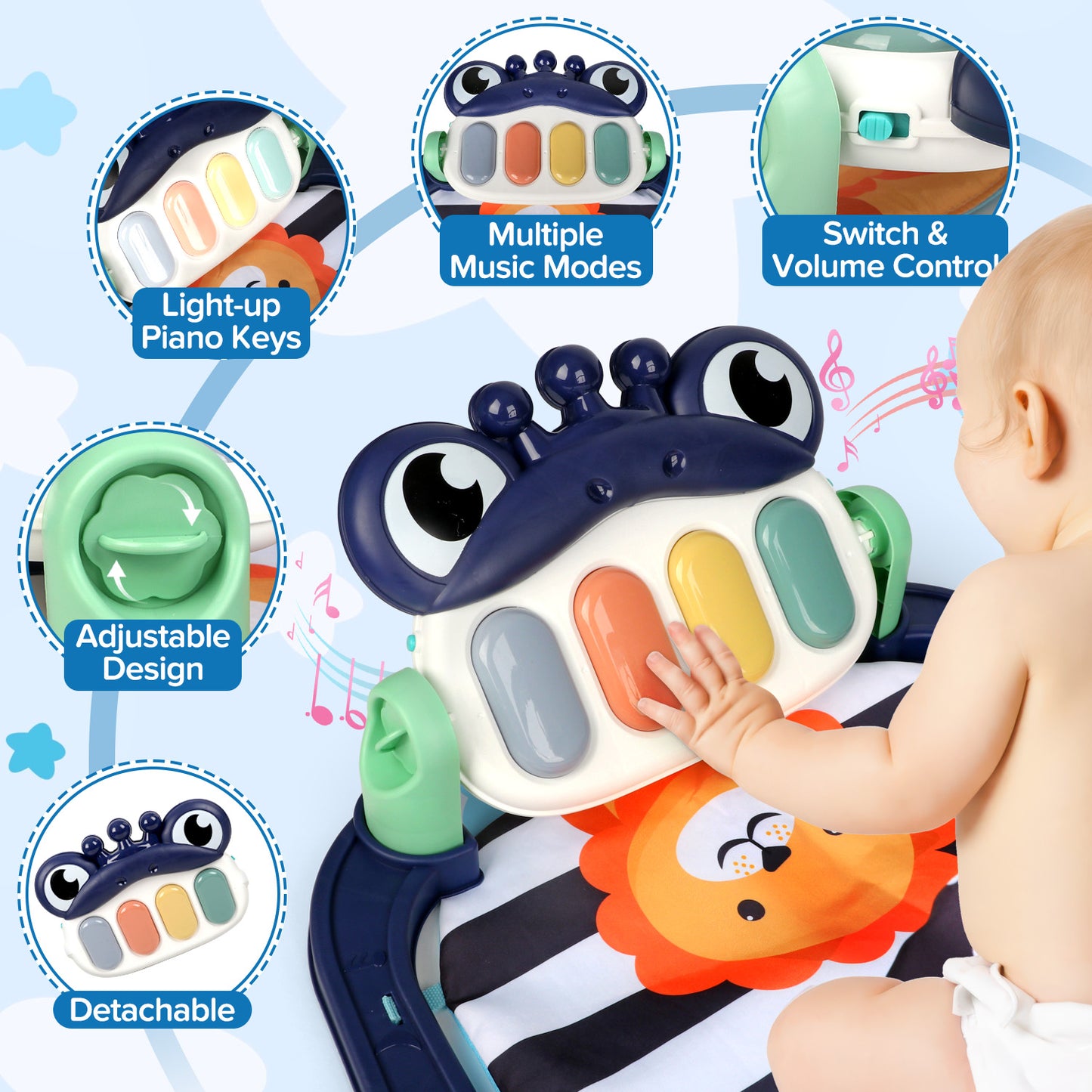 UUSUOO Baby Play Mat Baby Gym,Kick and Play Piano Gym,Musical Activity Center Tummy Time Baby Activity Mat with 5 Infant Sensory Baby Toys,Music & Light Newborn Infant Gifts for 0-3-6-9-12 Months