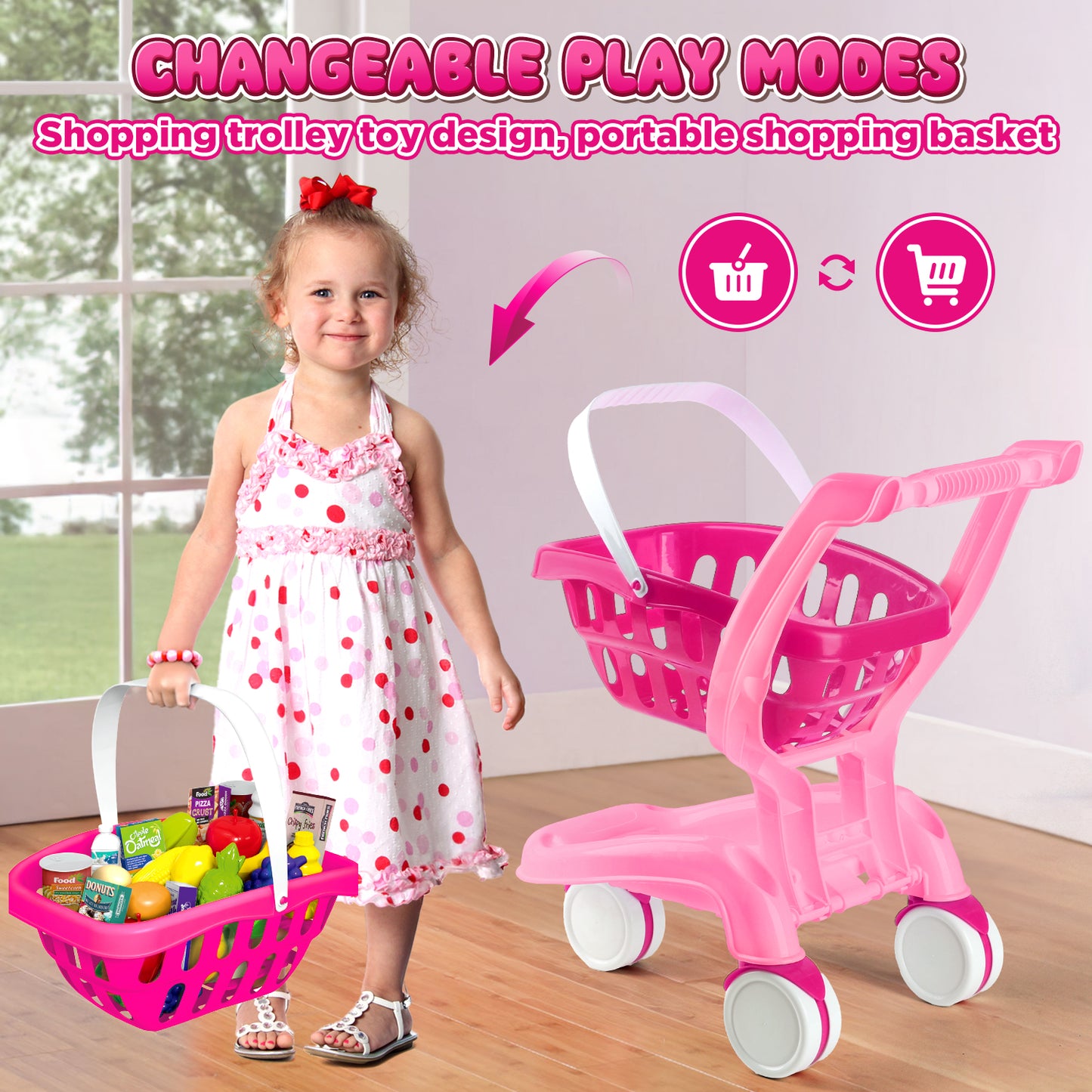 UUSUOO Kids Shopping Cart,36Pcs Toddler Shopping Cart with Play Food Fruit Vegetable and Shop Accessories,Pretend Play Grocery Store Toys for Boys Girls 3-6 ,Pink