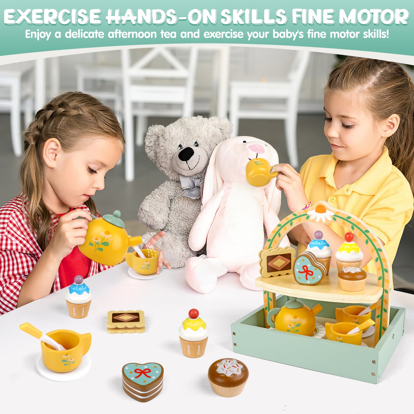 UUSUOO Wooden Tea Party Set for Girls,Pretend Play Tea Sets for Toddlers with Storage Cupcake Stand & Play Kitchen Accessories,Kids Wooden Toys for Girls,Perfect Christmas Gifts for Kids Girls 3-6