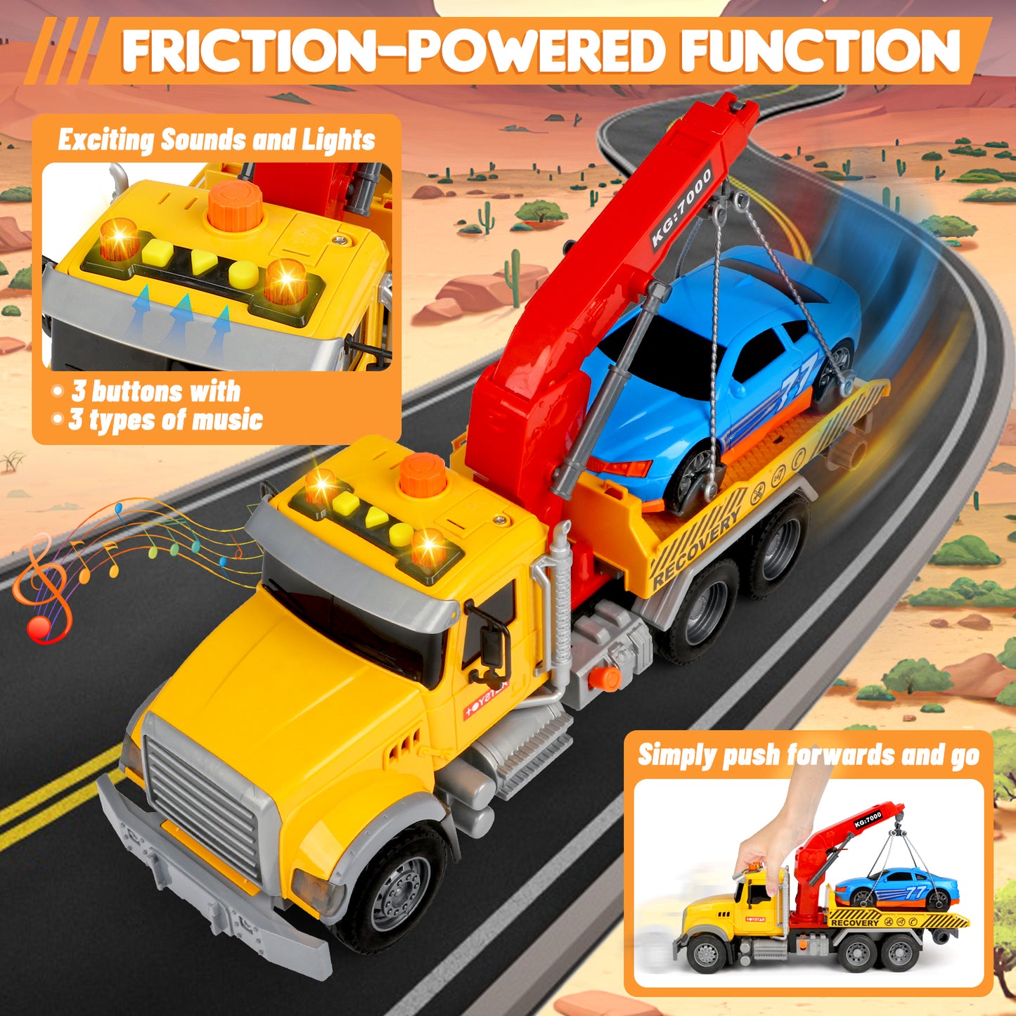 UUSUOO Toddler Trucks for Boys 3-6 Years,15" Large Tow Truck Toys,Friction Powered Transport Truck Crane Toy with Roadster, Lights and Sounds,Kids Truck Toys,Christmas Birthday Gifts for Kids,Yellow