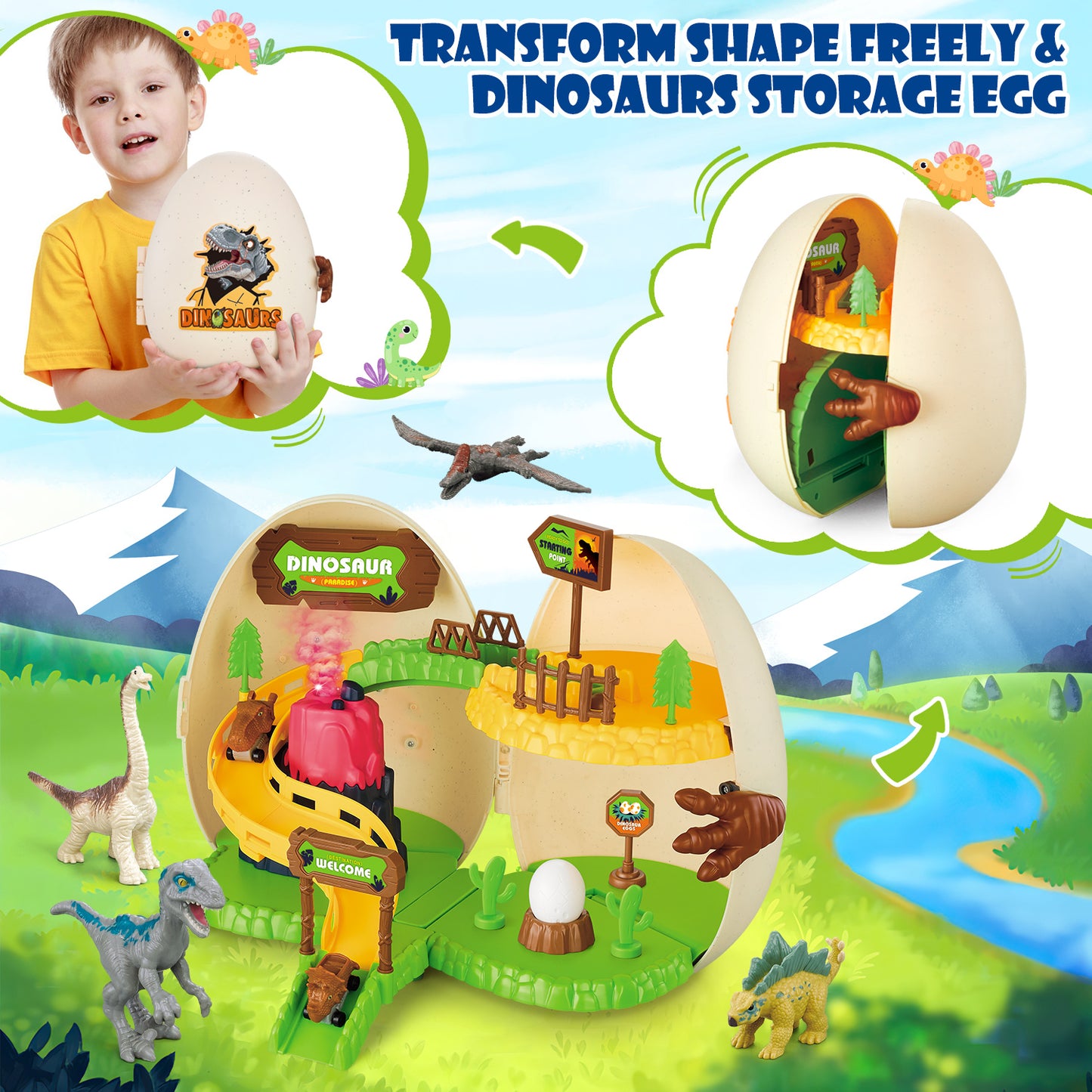 UUSUOO Dinosaur Toys for Boys 3-6 Years,Dinosaur Egg Amusement Park with Dinosaur Figure Toys & Dinosaur Cars,Volcano,Easter Dinosaur Eggs,Interactive Set of Dino Toys, Christmas Gifts for Kids