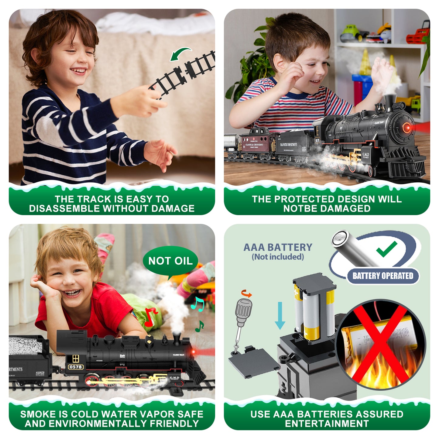 UUSUOO Train Set for Boys,Remote Control Christmas Train Sets w/Steam Locomotive,Light Passenger Cars & Tracks,Trains Toys w/Smoke,Whistle & Lights,Christmas Toys Gifts for Kids 3 +