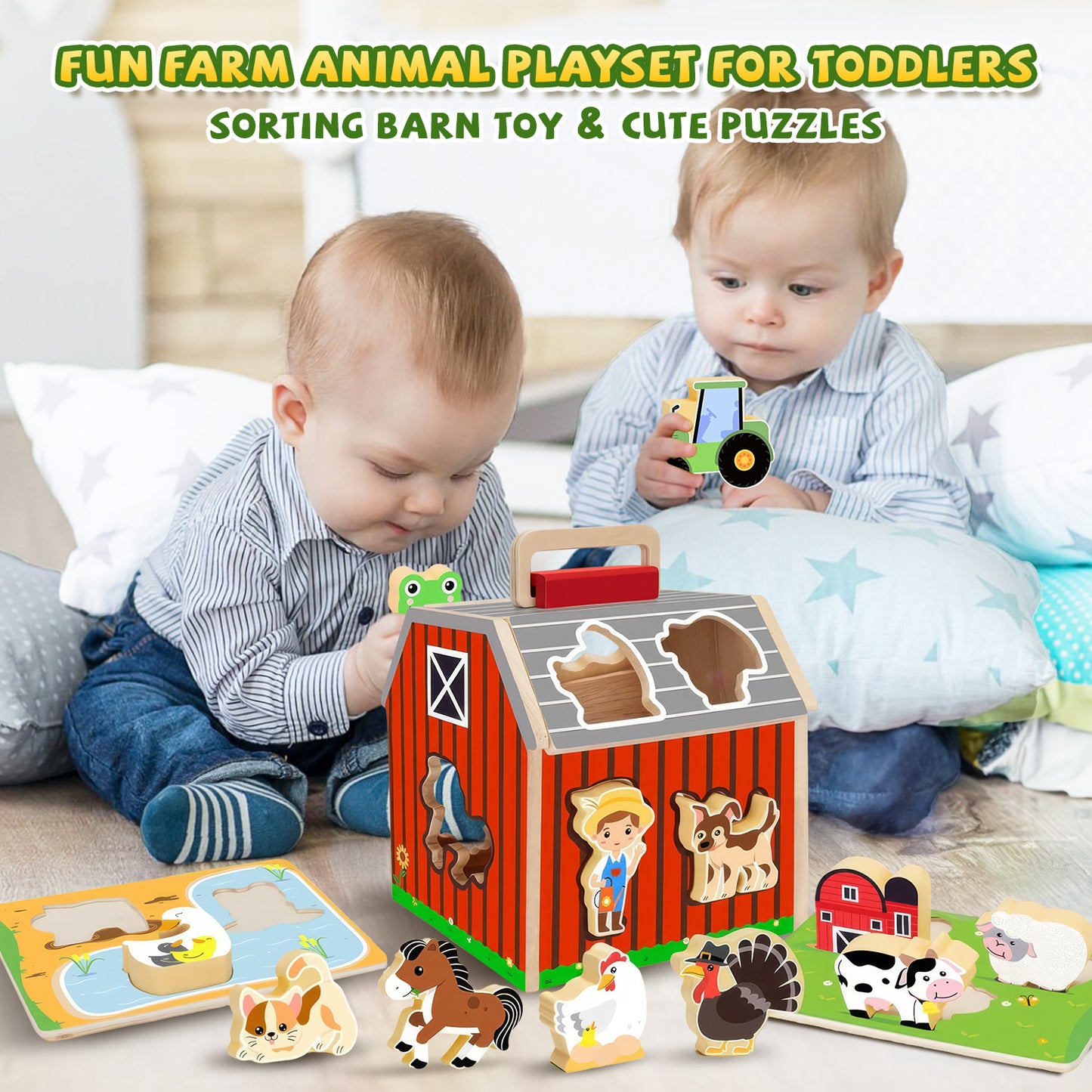 UUSUOO Farm Animals Big Barn Toys,Toddler Montessori Learning Toy for 1 Year Old,Wooden Barn Play Set with Animal Figures and DIY Stickers,Christmas Birthday Gifts for Toddlers 1-3