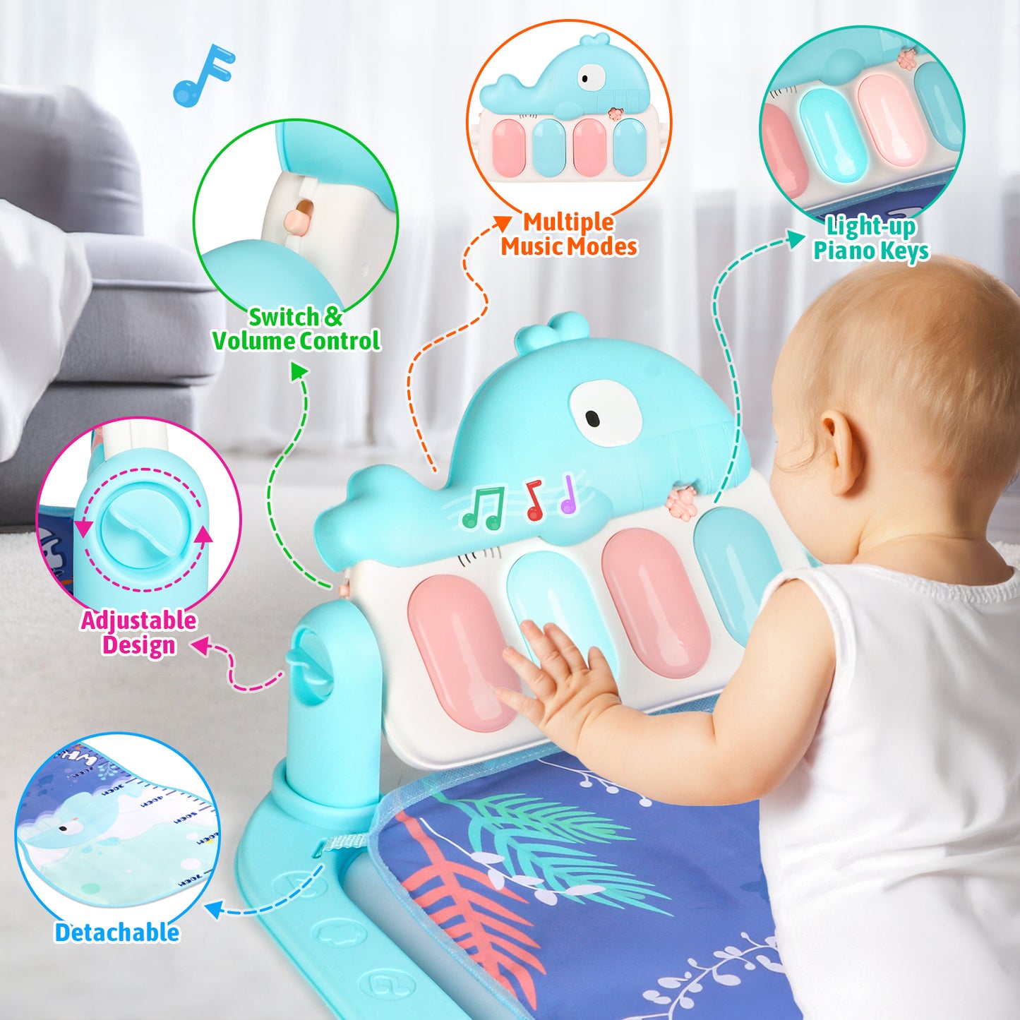 UUSUOO Baby Play Mat Baby Gym,Kick and Play Piano Gym,Tummy Time Activity Mat with 5 Infant Sensory Baby Toys,Infant Toys Piano Baby Play Mat Music & Light Newborn Infant Gifts for 0-3 6 9 12 Months