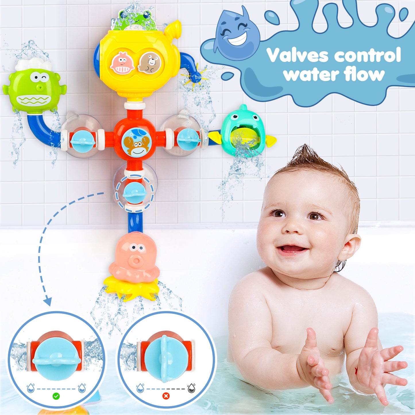 UUSUOO Toddler Bath Toys Age 2-4,Baby Bathtub Toys,Shower Wall Toys with Pipes and Valves,Baby Toys 6-12 Months,Kids Bath Pipes Toys for Kids,Christmas Birthday Gifts for 3 4 5 6+ Year Old Boys Girls