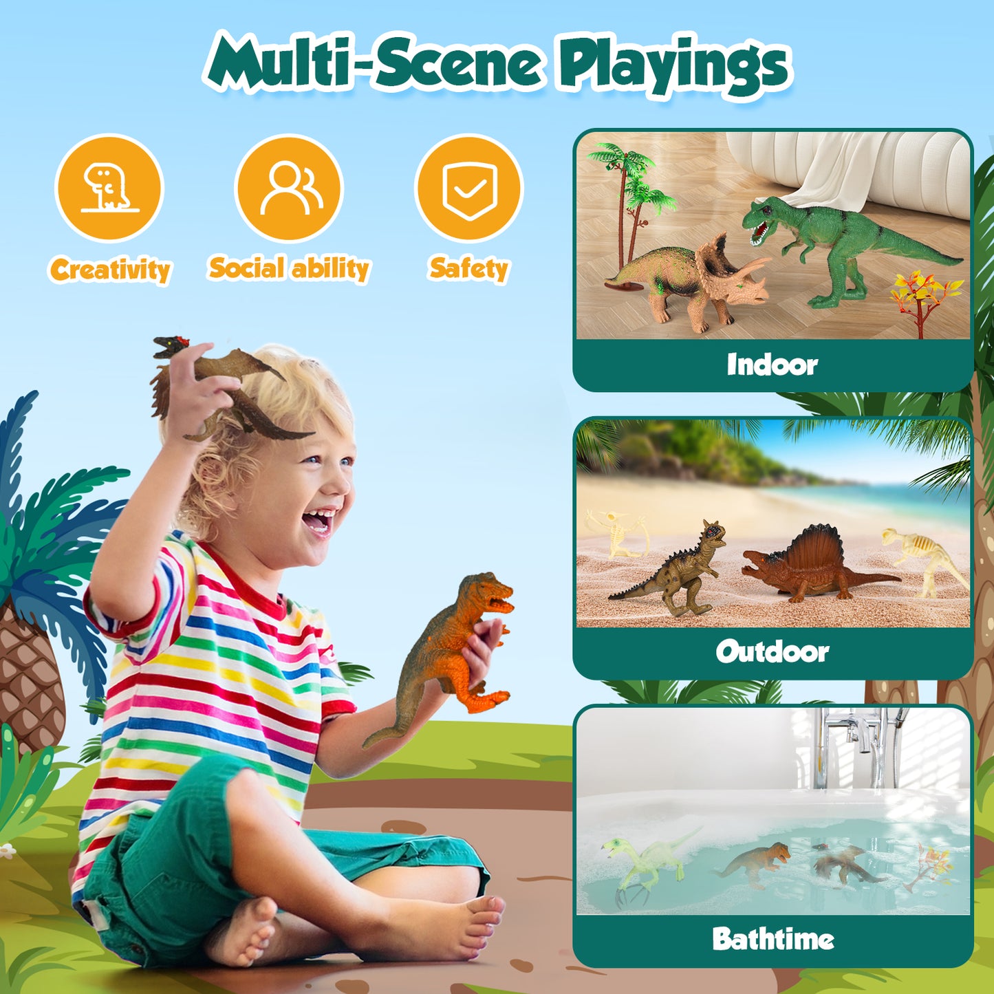 UUSUOO Dinosaur Figures Toys Set for Kids,Dinosaur Play Sets with Storage Box, Dinosaur fossils,Dinosaur eggs,Trees,Dinosaur Toys for Boys 3-6 Years,Christmas Birthday Gifts for Kids Aged 3-12