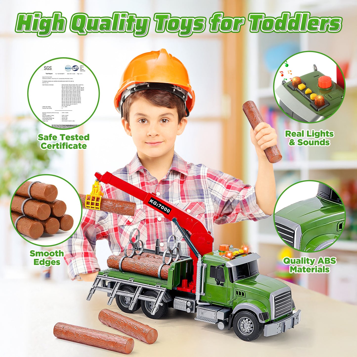 UUSUOO Toddler Trucks for Boys 3-6 Years,15" Large Boys Timber Truck with Loading Crane and 6 Trunks, Kids Truck Toys with Lights & Sounds,Christmas Birthday Gifts for 3 4 5 6 7 Boys Girls,Green