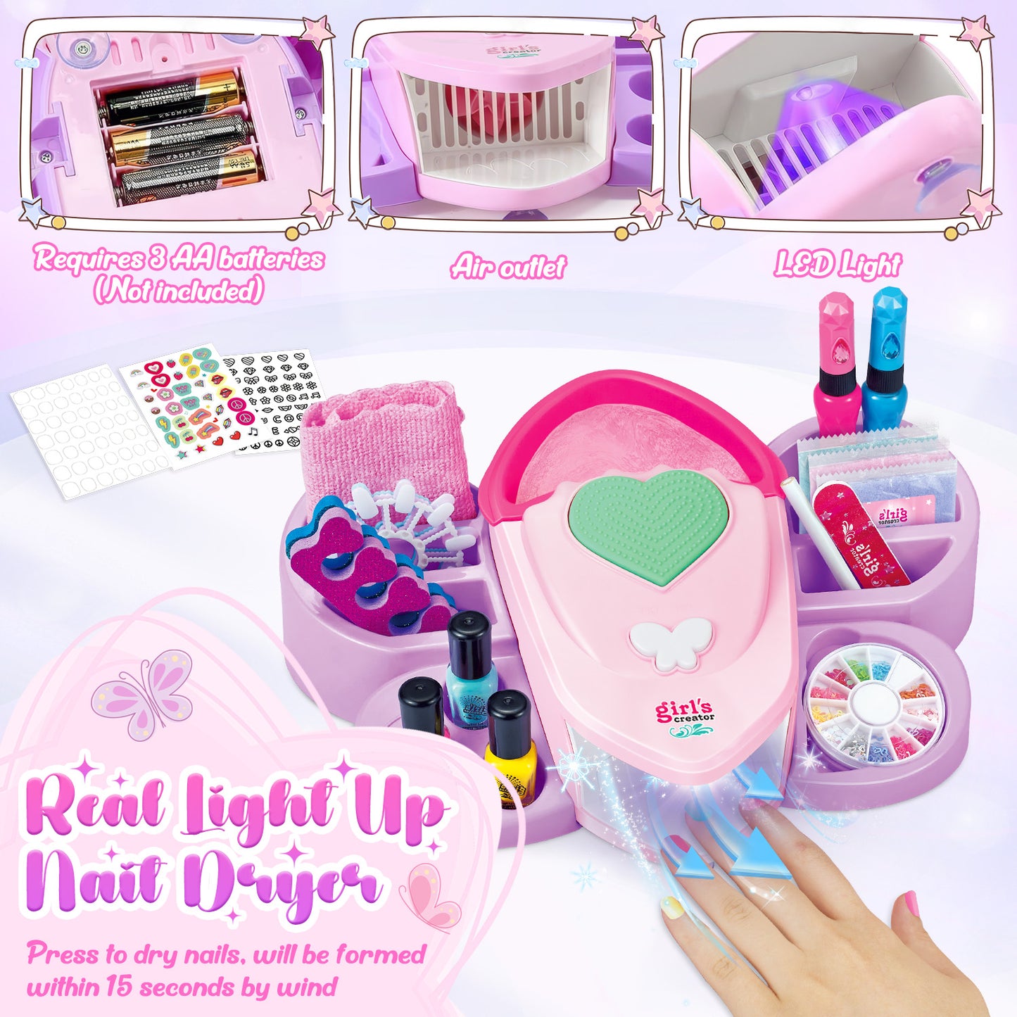 UUSUOO Kids Nail Polish Set for Girls,24Pcs Nail Art Kit with Nail Dryer,Hand Massage Spa Kit,Nail Kit for Girls Ages 7-12,Kid Manicure Set Christmas Birthday Gift for Girls Ages 7 8 9 10 11 12