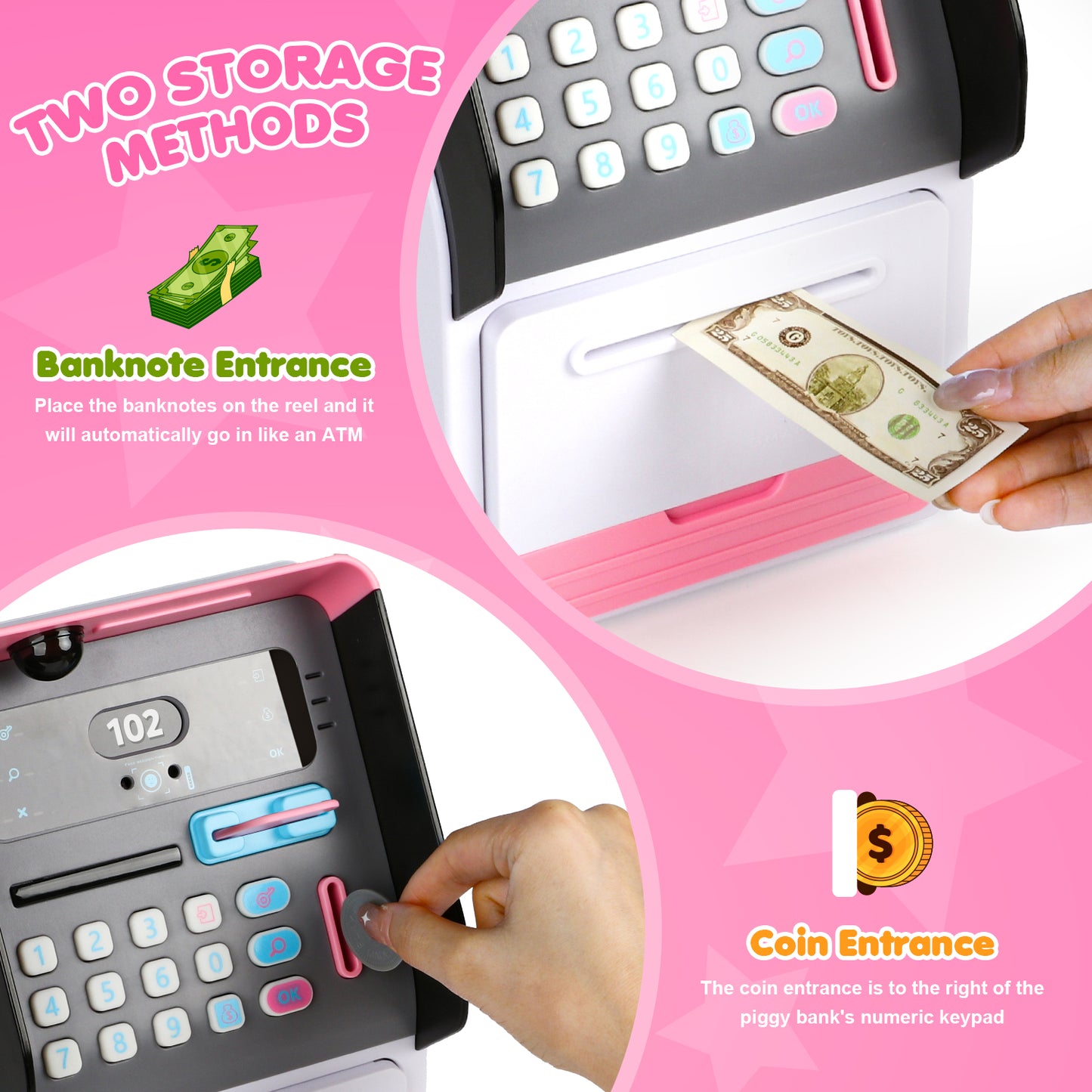 UUSUOO Electronic Piggy Bank for Kids,Mini ATM Bank for Kids with Password + Face Recognition,Auto Roll-in Cash Safe & Coin Saving Bank for Girls,Kids Piggy Bank Christmas Birthday Gifts for Kids 3+