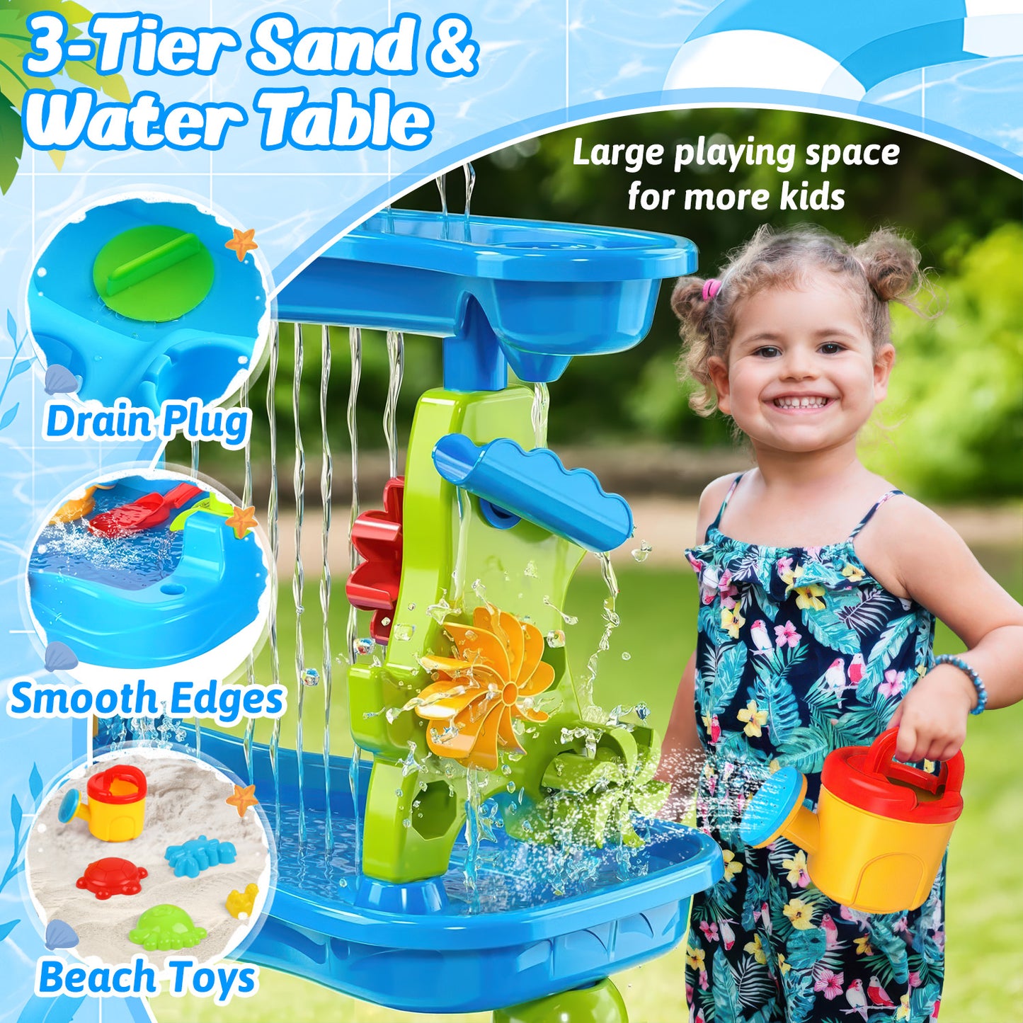 UUSUOO Water Table for Toddlers 1-3,5-Tier Kids Water Table,Rain Showers Splash Pond for Outdoor Beach Backyard Summer,Activity Sensory Sand and Water Table for Toddlers 1-3 3-5 Gift