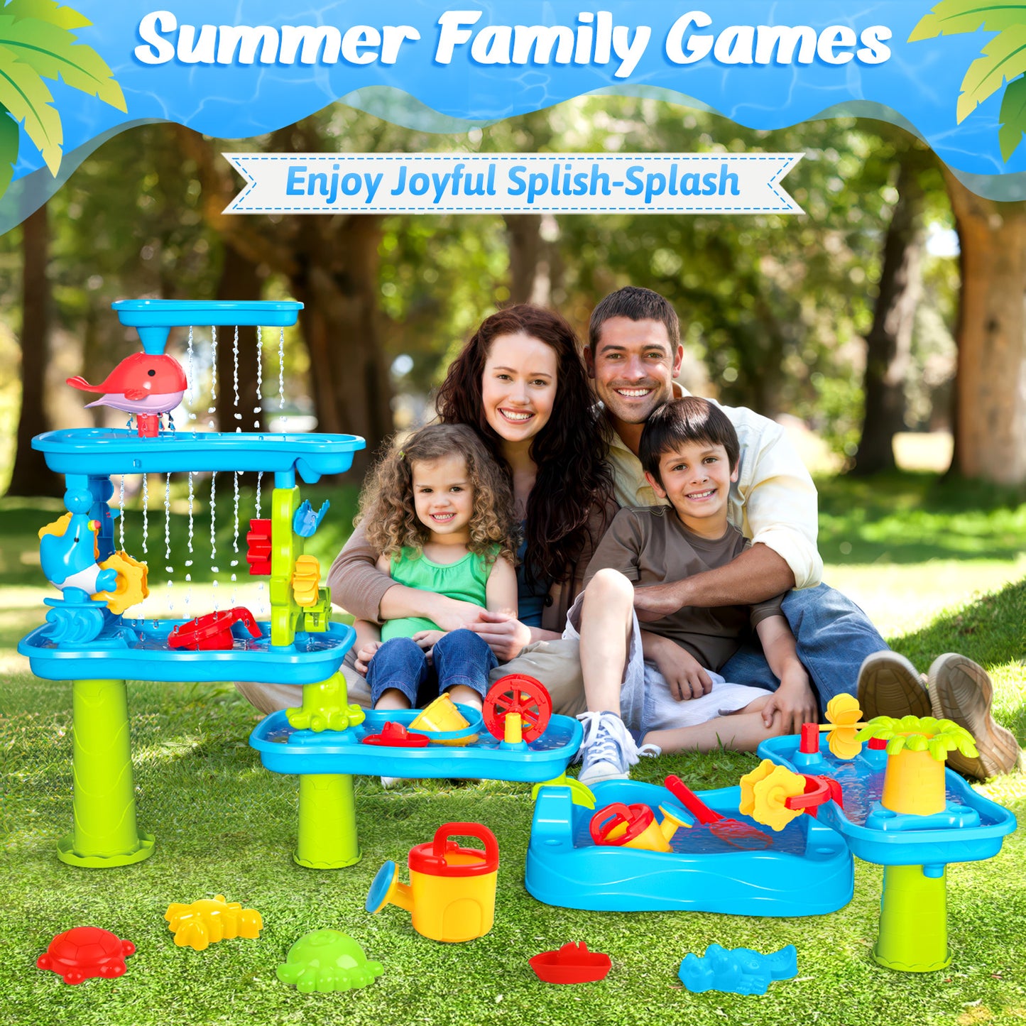 UUSUOO Water Table for Toddlers 1-3,5-Tier Kids Water Table,Rain Showers Splash Pond for Outdoor Beach Backyard Summer,Activity Sensory Sand and Water Table for Toddlers 1-3 3-5 Gift