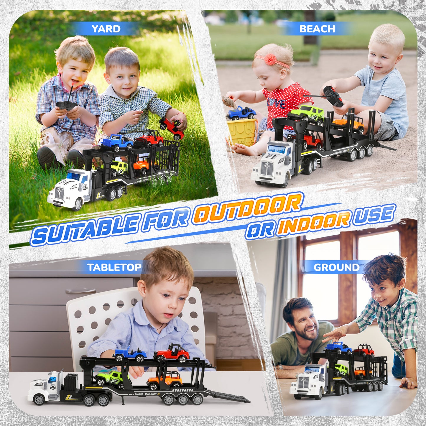 UUSUOO Truck Toys for Boys 3-6 Years,14" 1:48 Toddler Trucks Semi Truck Trailer Toys with 4 Cars,Transport Car Carrier Truck Toys with Lights & Sounds,Cars Toys Gift for Age 3 4 5 6+ Years Old Kids