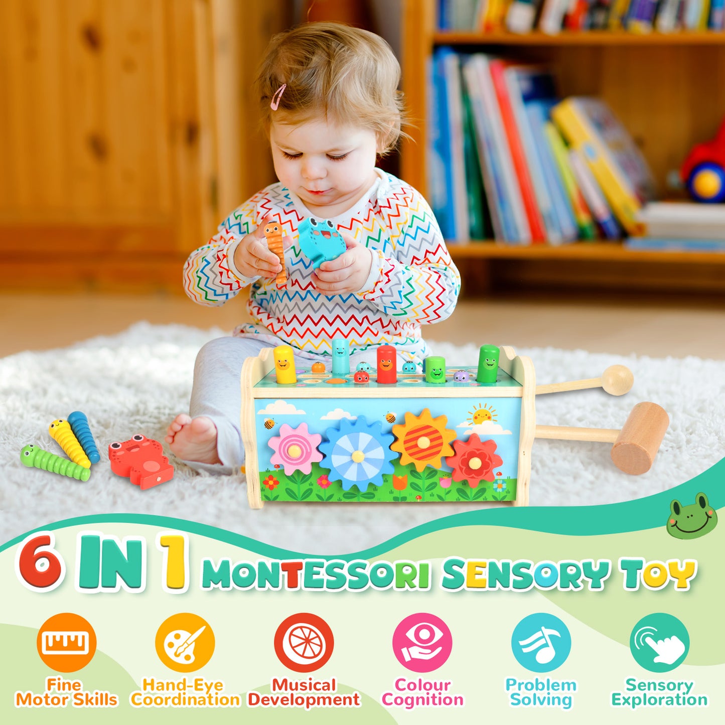 UUSUOO 6 in 1 Montessori Toys for 1 Year Old,Whack A Mole Hammering Pounding Toys with Pounding Bench,Xylophone,Frog,Wooden Baby Toys,Early Development Toys Christmas Birthday Gifts for Toddlers 1-3