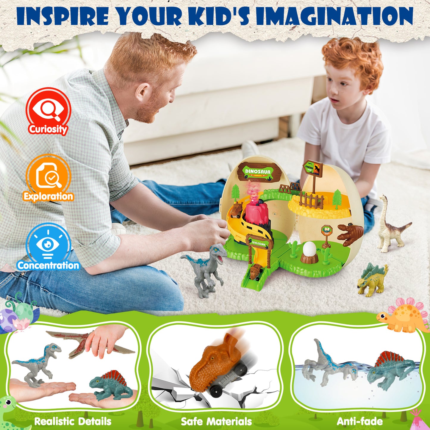 UUSUOO Dinosaur Toys for Boys 3-6 Years,Dinosaur Egg Amusement Park with Dinosaur Figure Toys & Dinosaur Cars,Volcano,Easter Dinosaur Eggs,Interactive Set of Dino Toys, Christmas Gifts for Kids