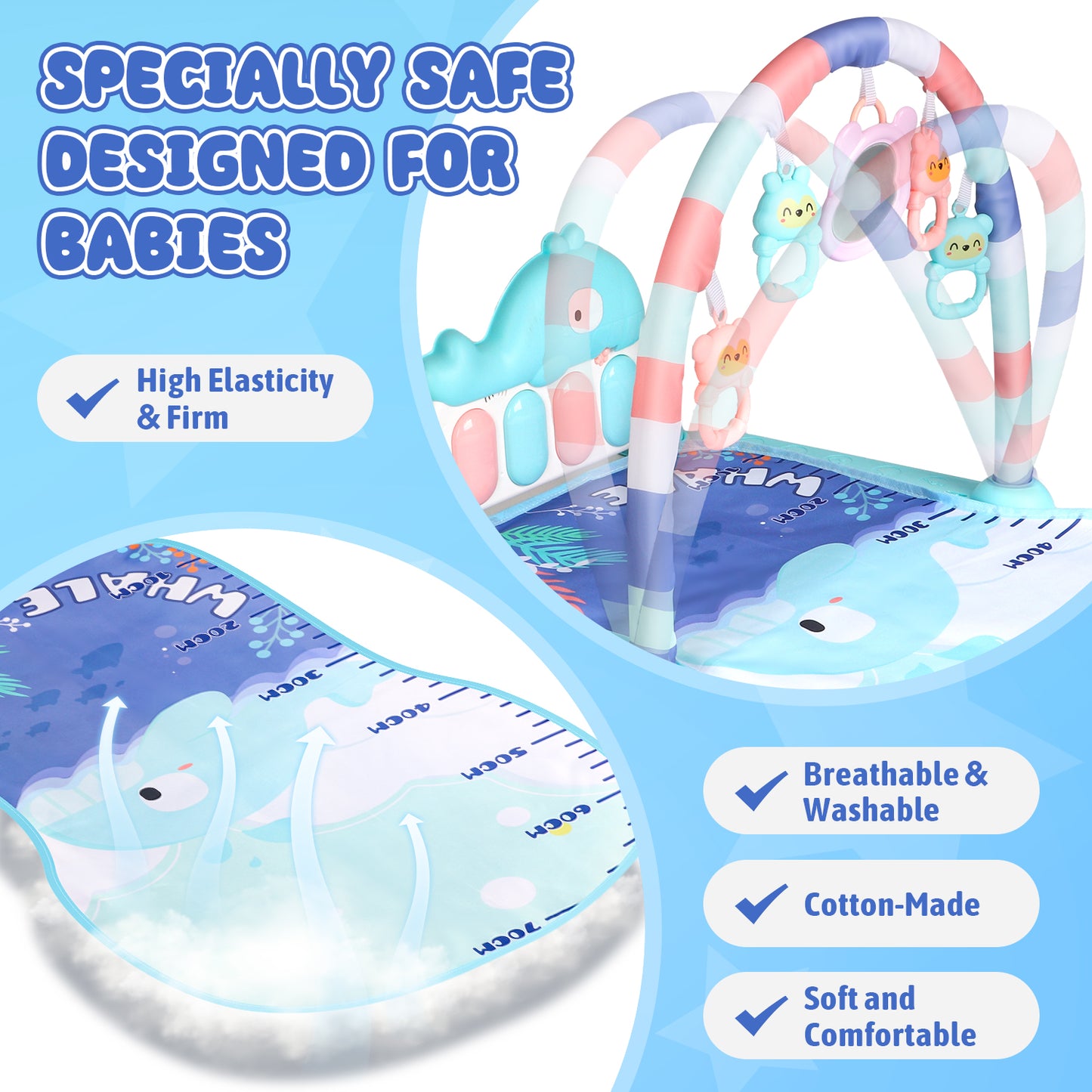 UUSUOO Baby Play Mat Baby Gym,Kick and Play Piano Gym,Tummy Time Activity Mat with 5 Infant Sensory Baby Toys,Infant Toys Piano Baby Play Mat Music & Light Newborn Infant Gifts for 0-3 6 9 12 Months
