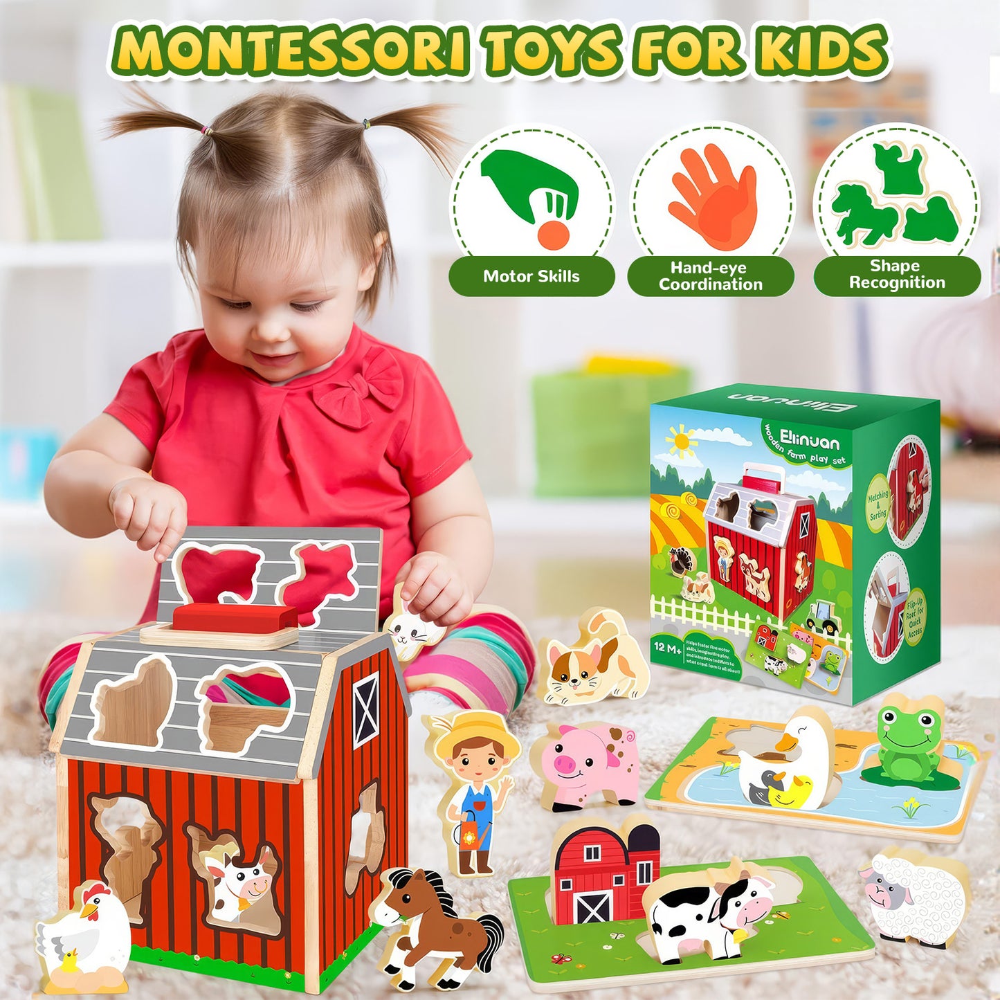 UUSUOO Farm Animals Big Barn Toys,Toddler Montessori Learning Toy for 1 Year Old,Wooden Barn Play Set with Animal Figures and DIY Stickers,Christmas Birthday Gifts for Toddlers 1-3
