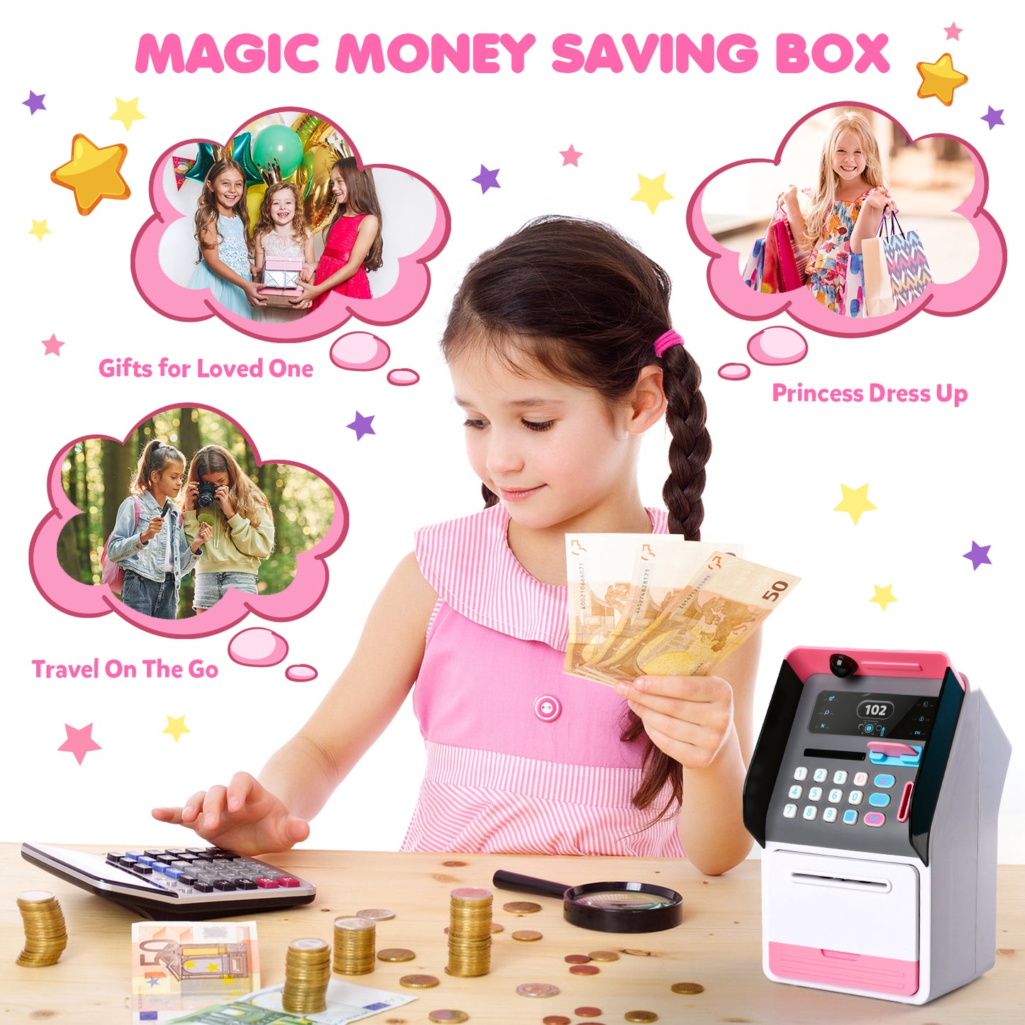 UUSUOO Electronic Piggy Bank for Kids,Mini ATM Bank for Kids with Password + Face Recognition,Auto Roll-in Cash Safe & Coin Saving Bank for Girls,Kids Piggy Bank Christmas Birthday Gifts for Kids 3+