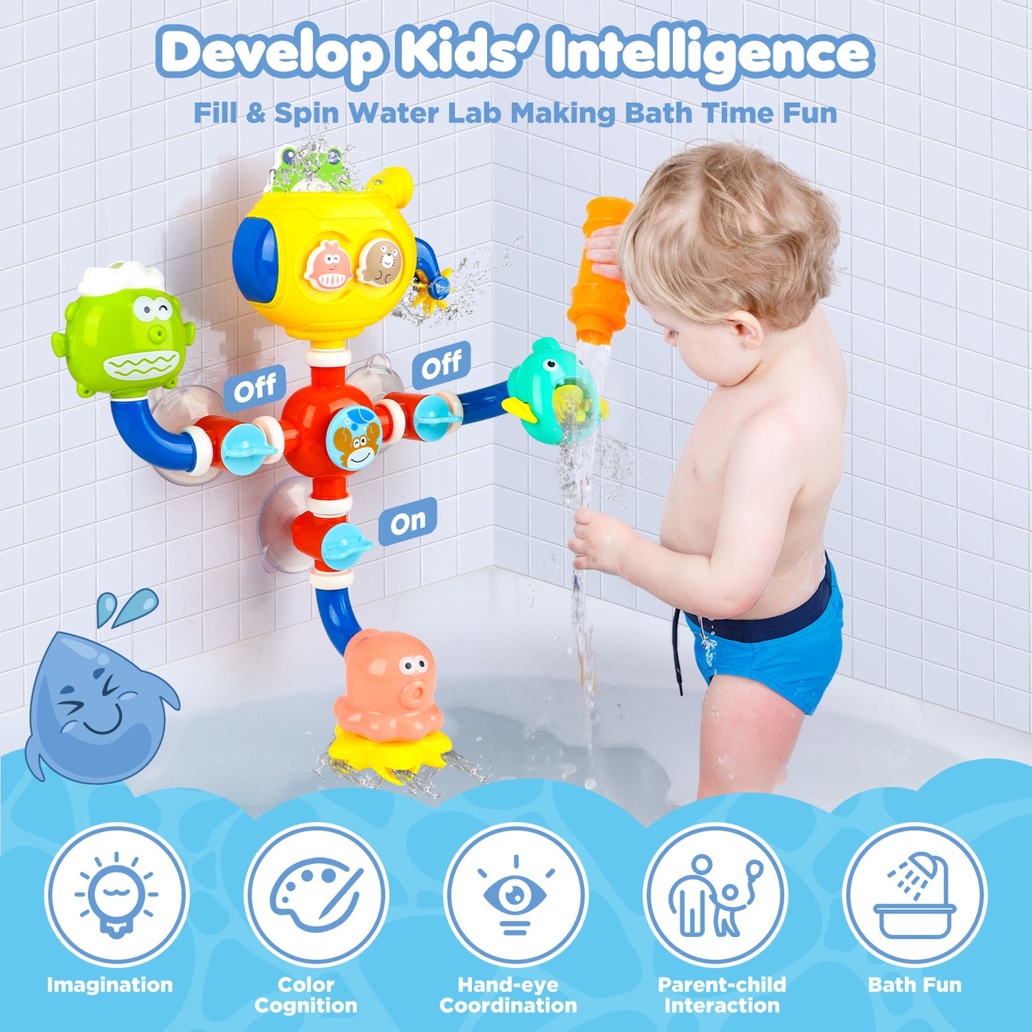 UUSUOO Toddler Bath Toys Age 2-4,Baby Bathtub Toys,Shower Wall Toys with Pipes and Valves,Baby Toys 6-12 Months,Kids Bath Pipes Toys for Kids,Christmas Birthday Gifts for 3 4 5 6+ Year Old Boys Girls