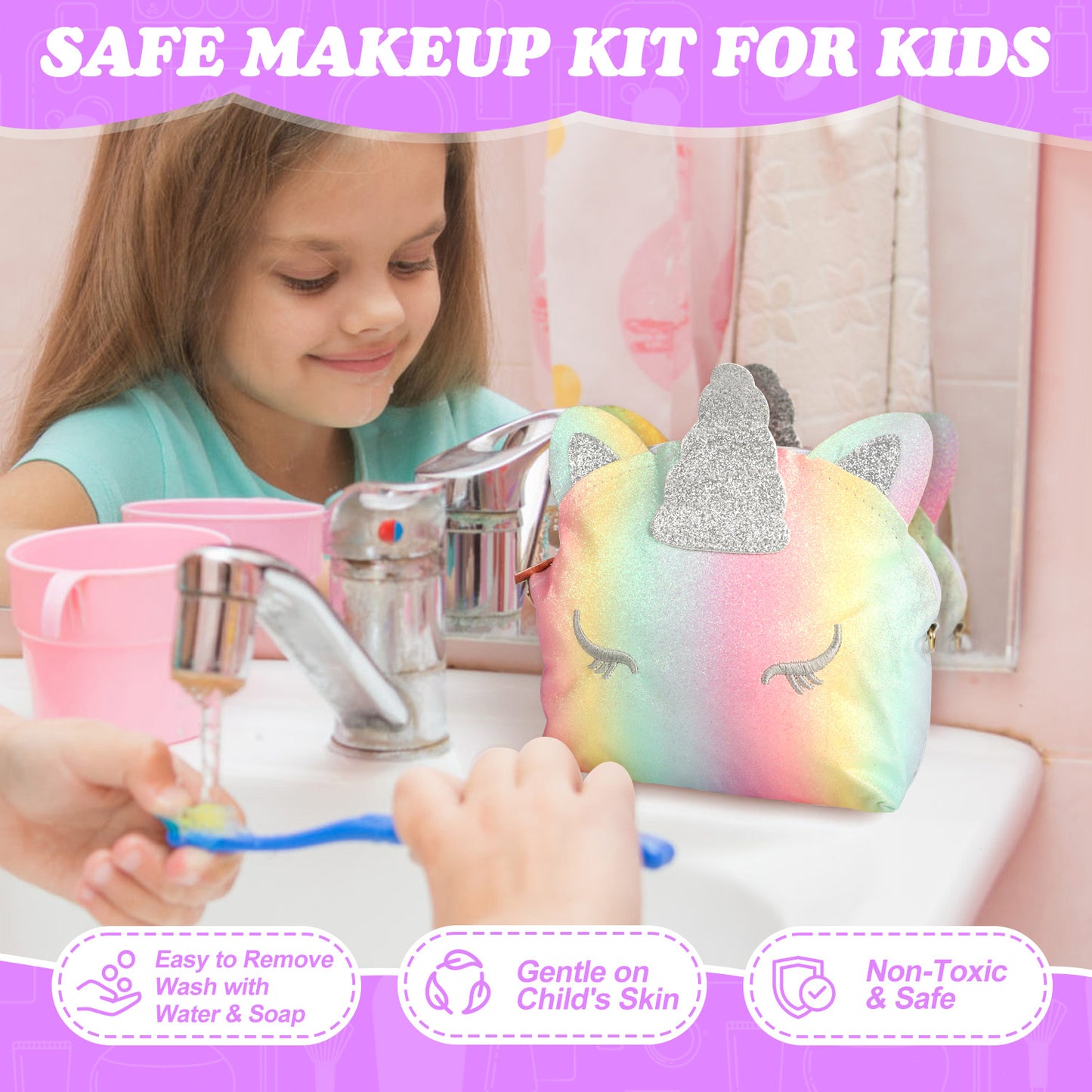 UUSUOO Kids Makeup Kit for Girl, Makeup Kit Toys for Little Girls, Washable Makeup Kit for Kids Real Makeup with Unicorn Bag, Christmas Birthday & Party Gifts for Kids 3 4 5 6 7 8 9 10