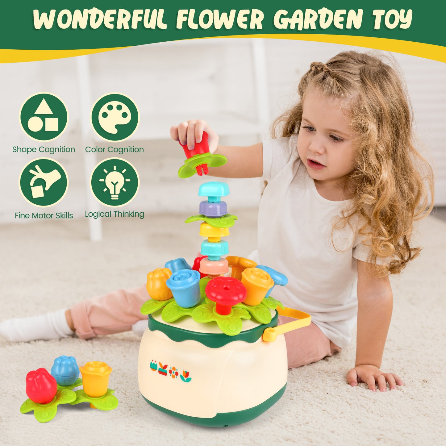 UUSUOO Baby Toys 6-12 Months, 4 in 1 Montessori Toys for Babies 6-12 Months,Flower Garden Building Toys for Girls,Stacking Toys for Toddlers 1-3,Toddlers Toys Christmas Birthday Gifts for Kids