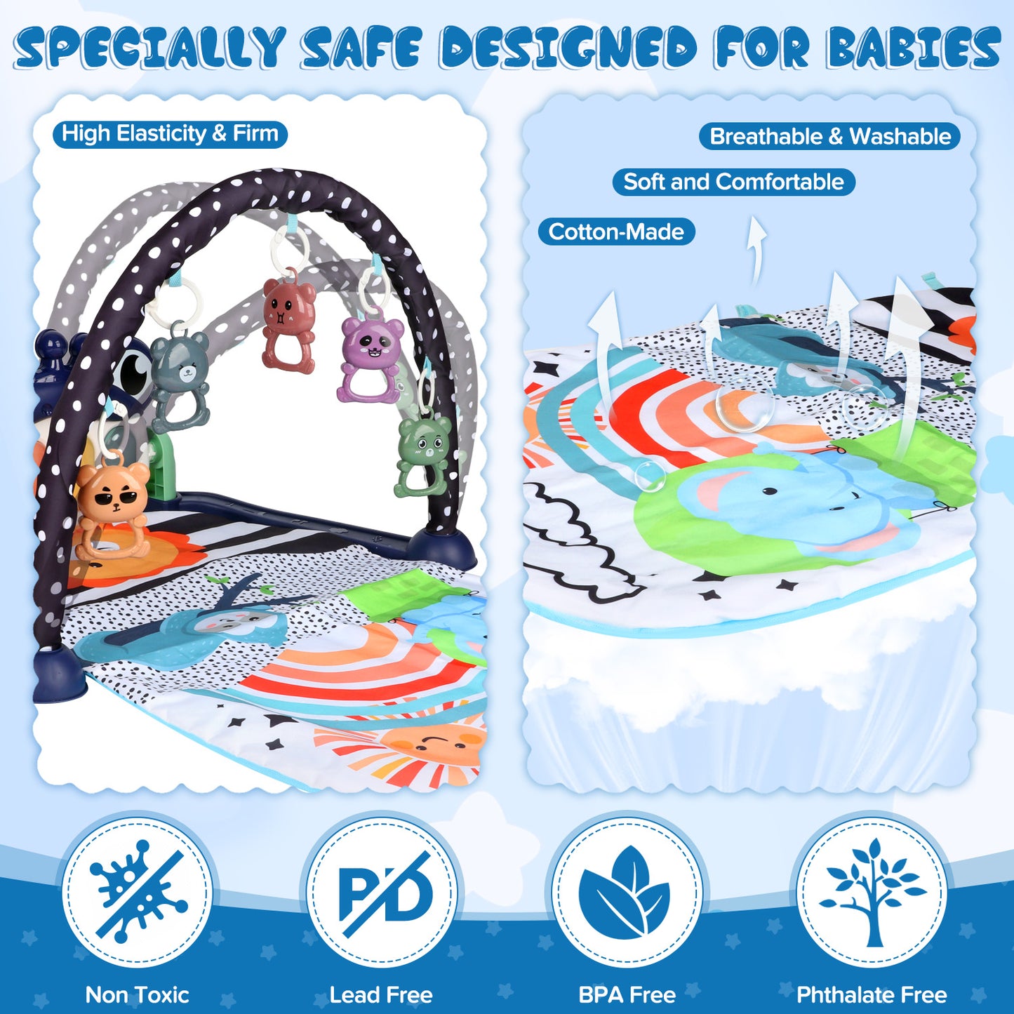 UUSUOO Baby Play Mat Baby Gym,Kick and Play Piano Gym,Musical Activity Center Tummy Time Baby Activity Mat with 5 Infant Sensory Baby Toys,Music & Light Newborn Infant Gifts for 0-3-6-9-12 Months