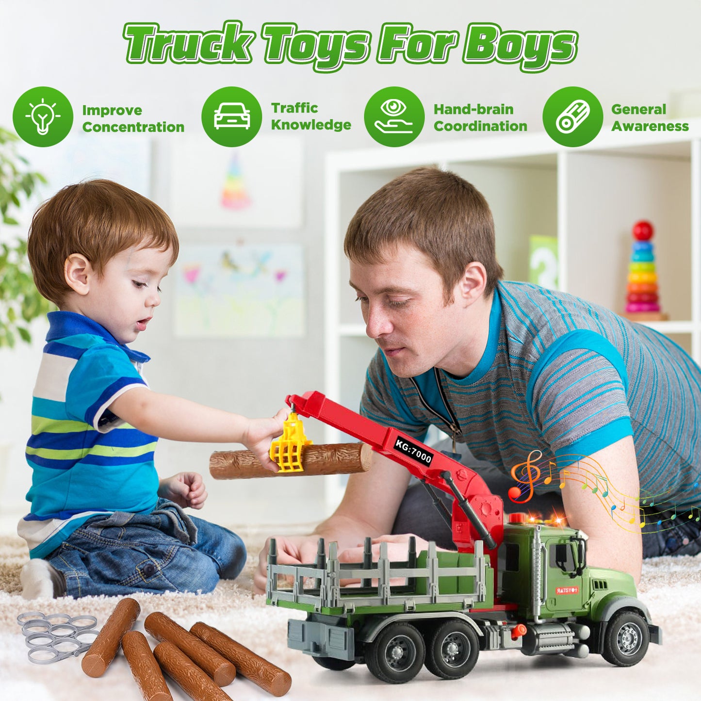 UUSUOO Toddler Trucks for Boys 3-6 Years,15" Large Boys Timber Truck with Loading Crane and 6 Trunks, Kids Truck Toys with Lights & Sounds,Christmas Birthday Gifts for 3 4 5 6 7 Boys Girls,Green