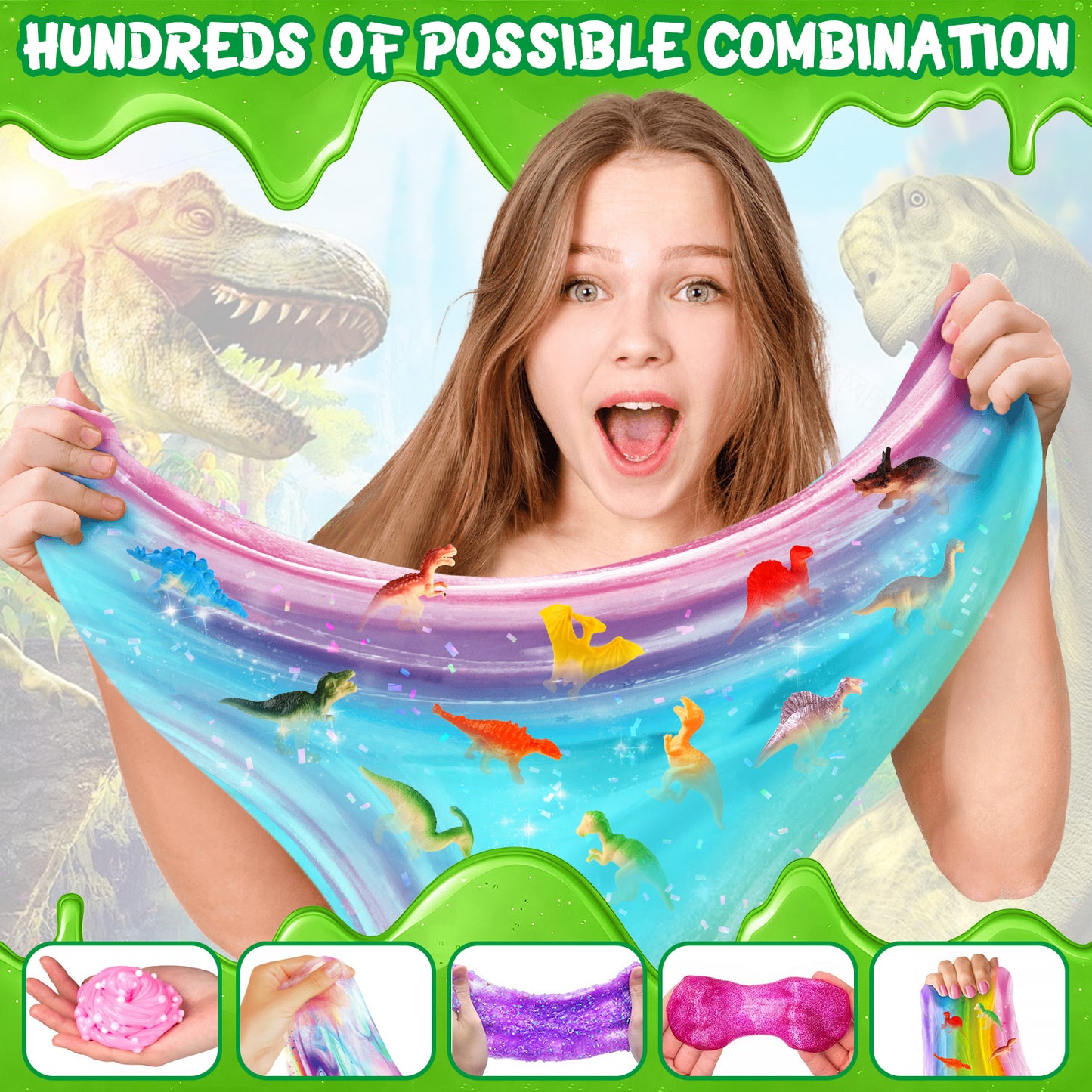 UUSUOO Dinosaur Slime Kit,Slime Making Kit for Kids,DIY Slime Kit Toys with 12 Dinosaur Toys & Awesome Add-Ins,Stress Relief Toys,Christmas Birthday Gifts for Boys Girls 6 7 8 9 10+