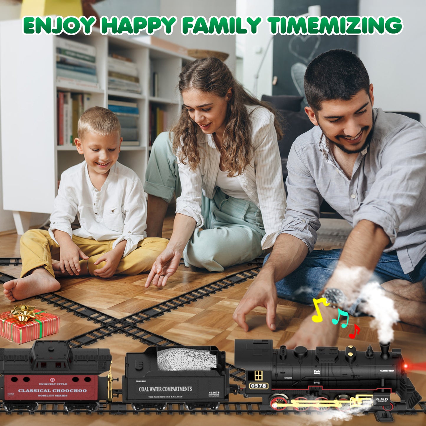 UUSUOO Train Set for Boys,Remote Control Christmas Train Sets w/Steam Locomotive,Light Passenger Cars & Tracks,Trains Toys w/Smoke,Whistle & Lights,Christmas Toys Gifts for Kids 3 +